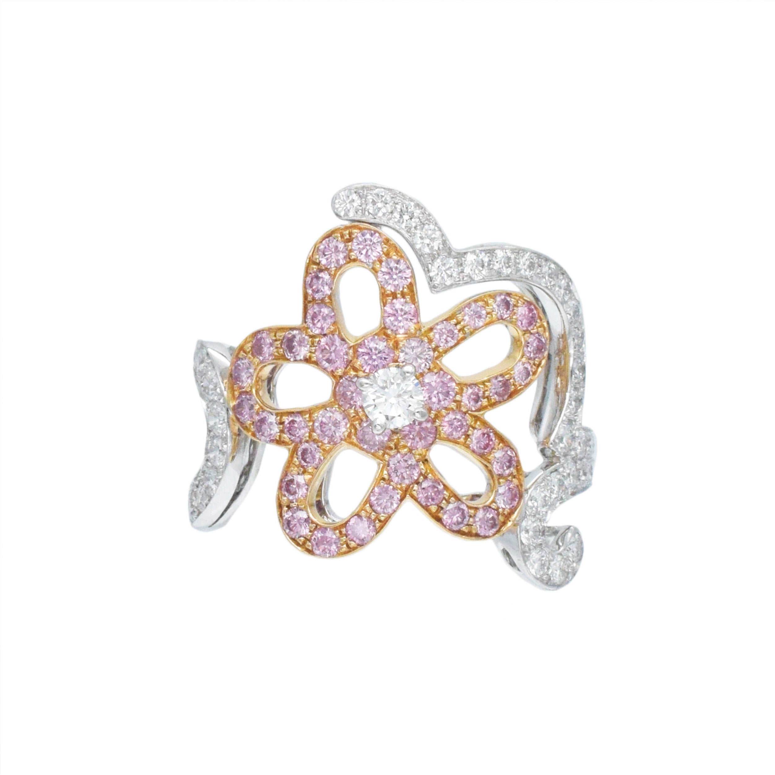 Van Cleef & Arpels Pink And White Diamond Floral-Motif Ring In Two Tone Gold