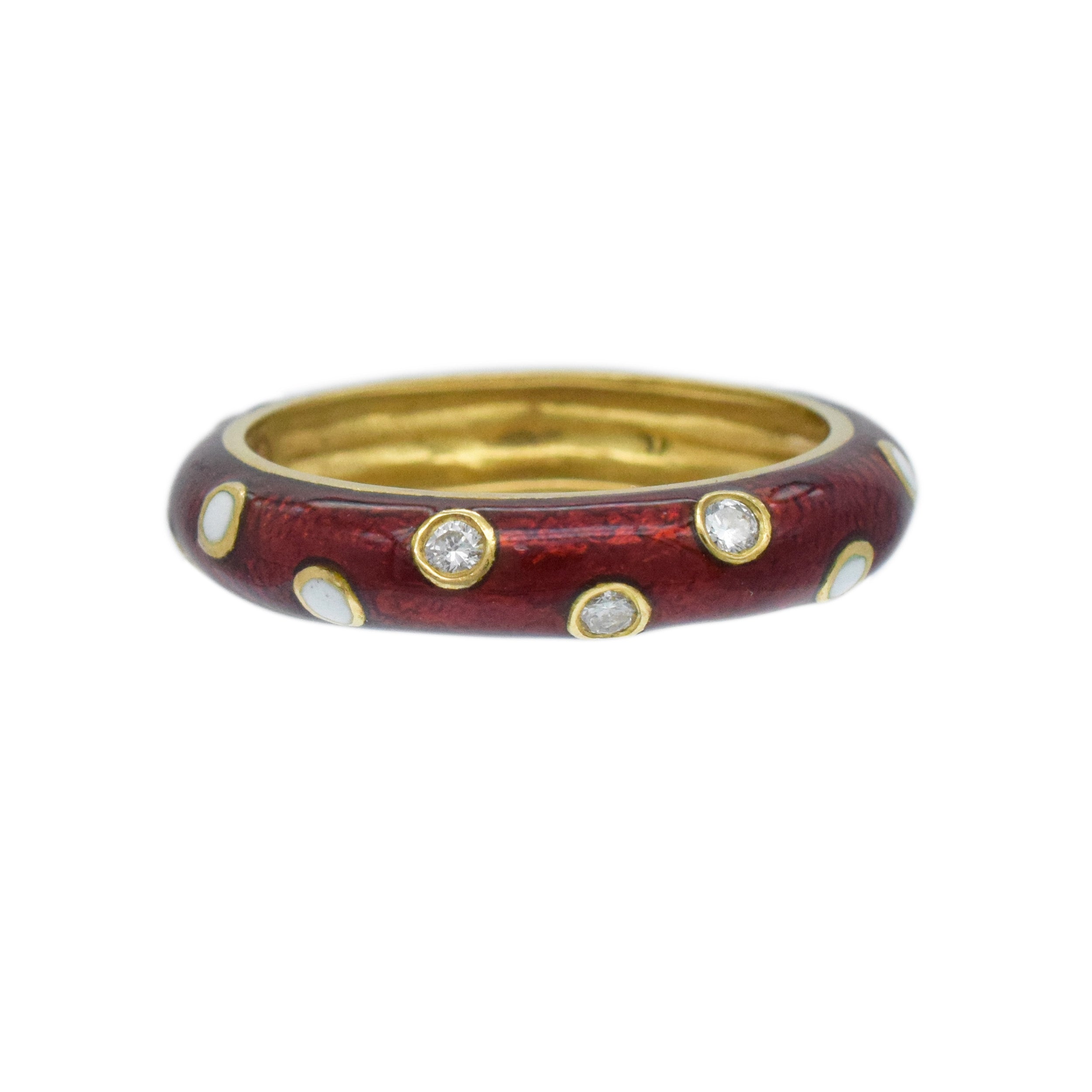 Hidalgo Diamond, Red And White Enamel Band In 18k Yellow Gold
