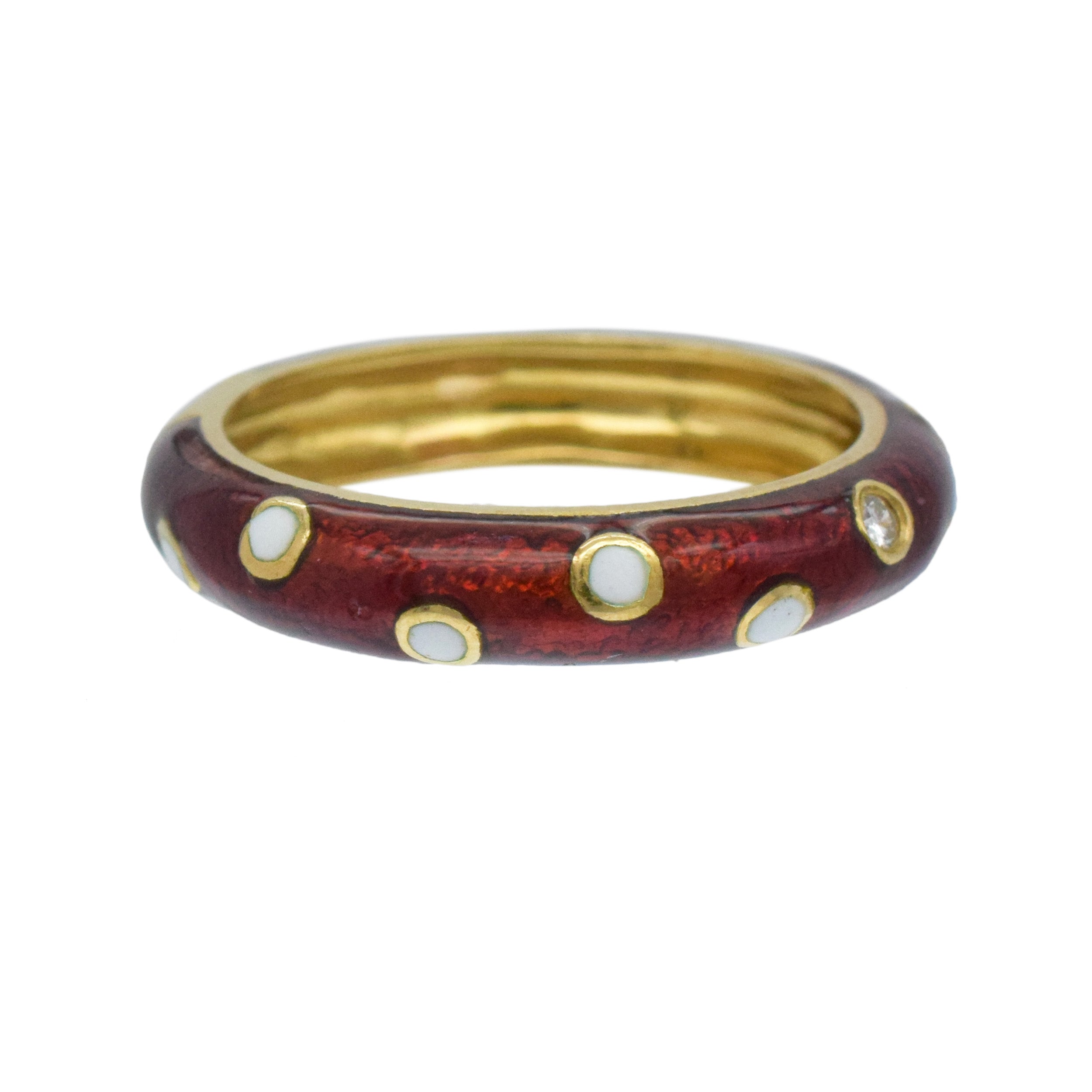 Hidalgo Diamond, Red And White Enamel Band In 18k Yellow Gold