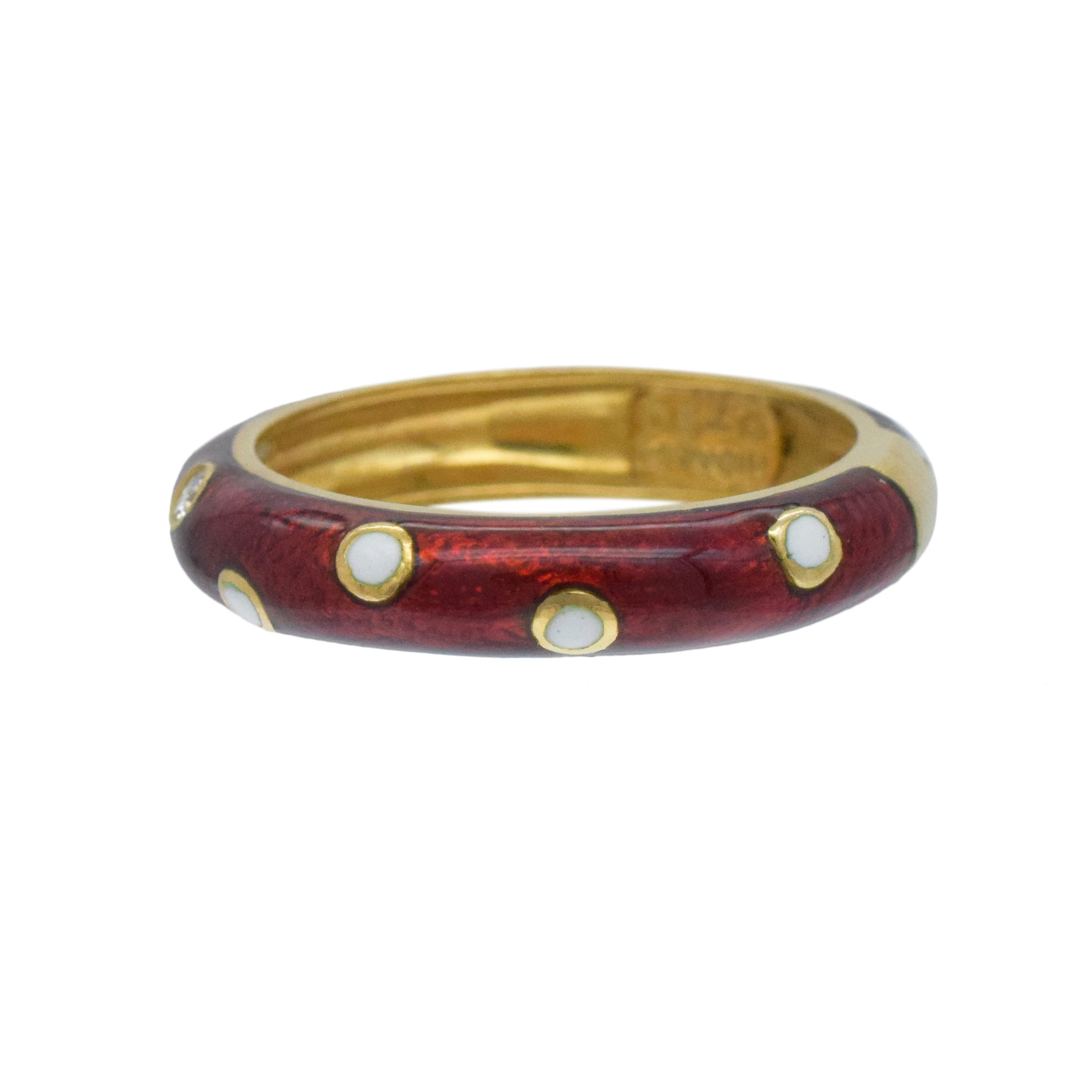 Hidalgo Diamond, Red And White Enamel Band In 18k Yellow Gold