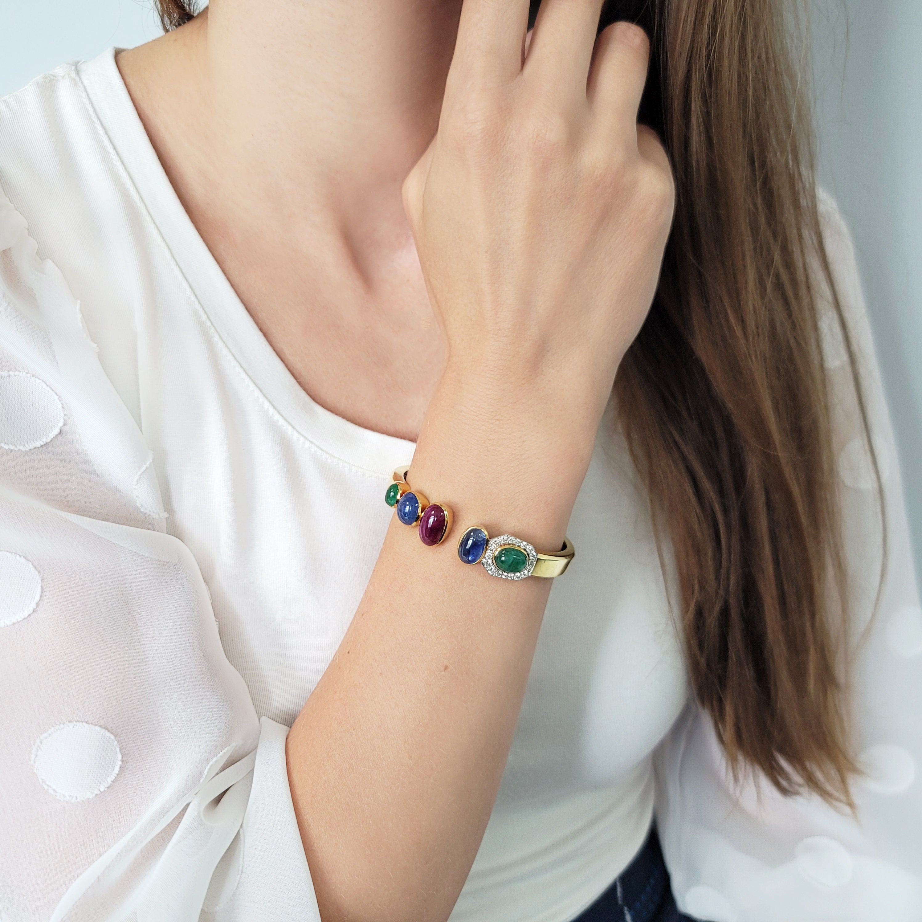 1960's David Webb Emerald, Sapphire, Ruby & Diamond Bangle Bracelet