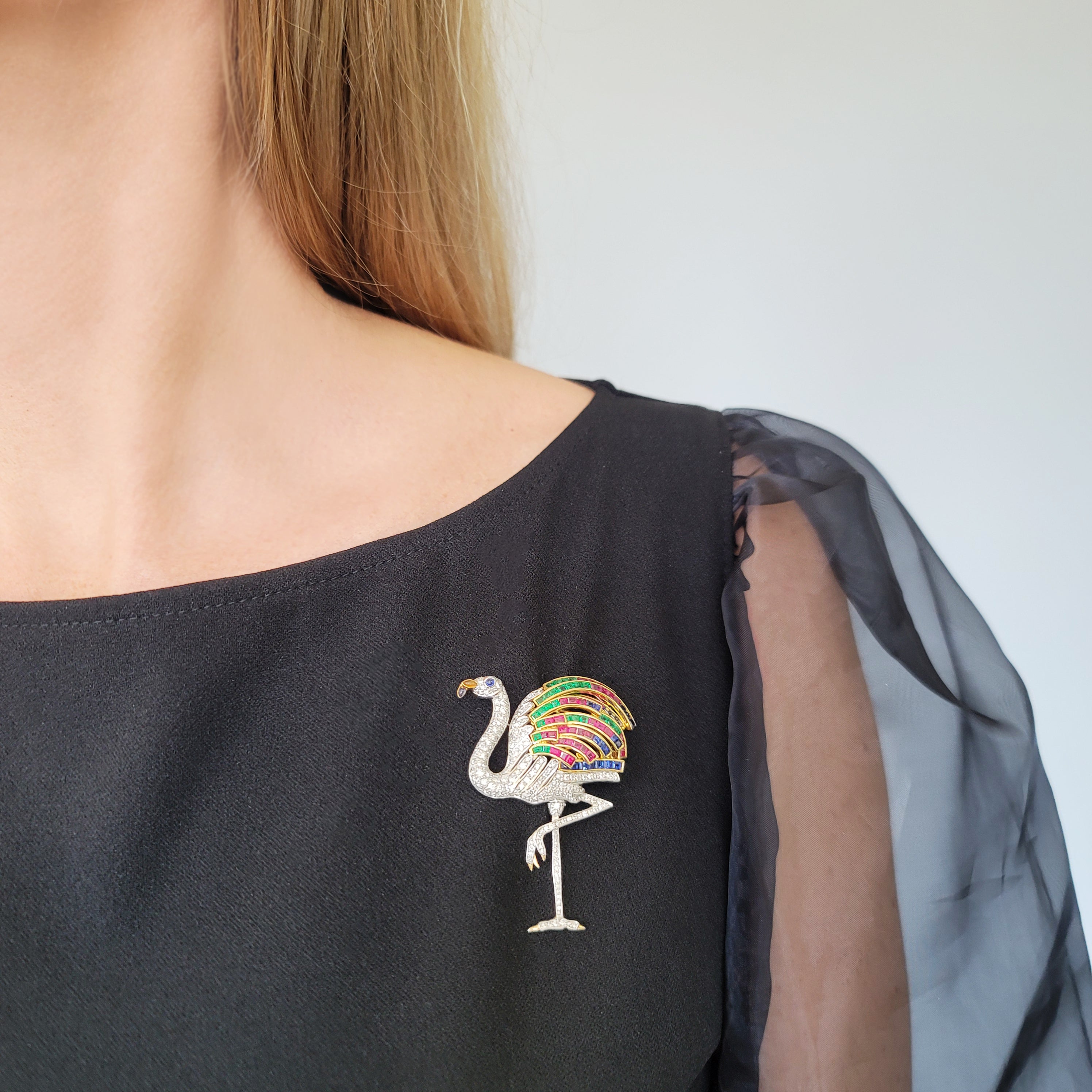 1990's Diamond, Emerald, Ruby & Sapphire Flamingo Brooch
