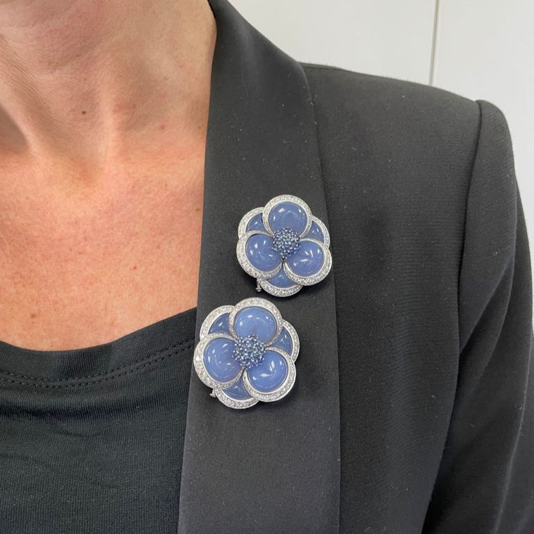 Van Cleef & Arpels Pair of Chalcedony, Sapphire & Diamond Gardenia Brooches In Platinum