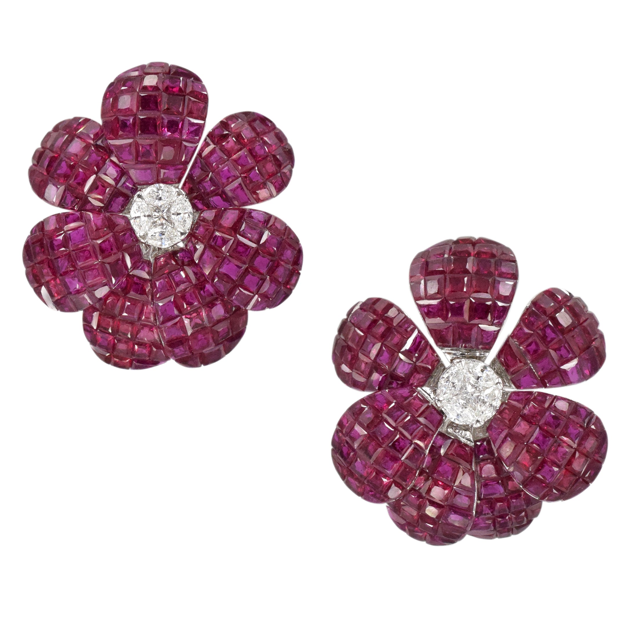 43.09ct Invisibly Set Ruby & Diamond Flower Earrings