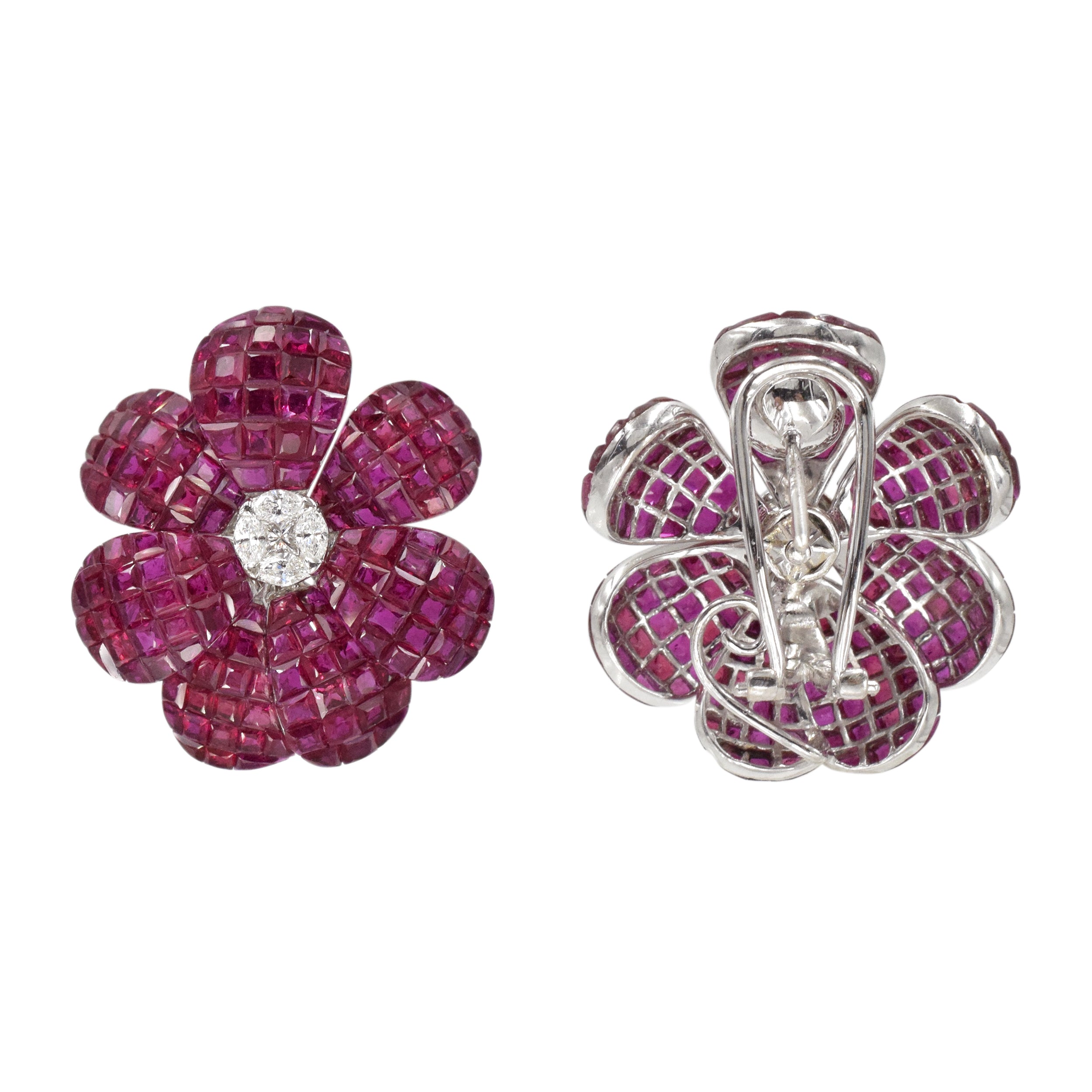43.09ct Invisibly Set Ruby & Diamond Flower Earrings