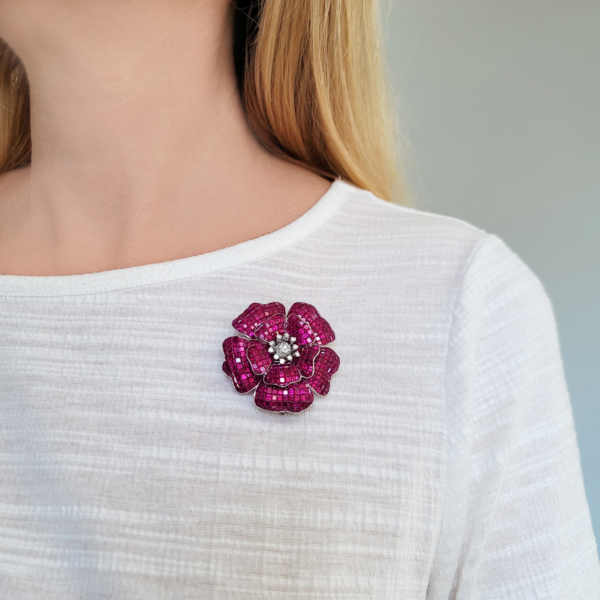60.80ct Invisibly Set Ruby & Diamond Flower Brooch & Pendant In 18k White Gold