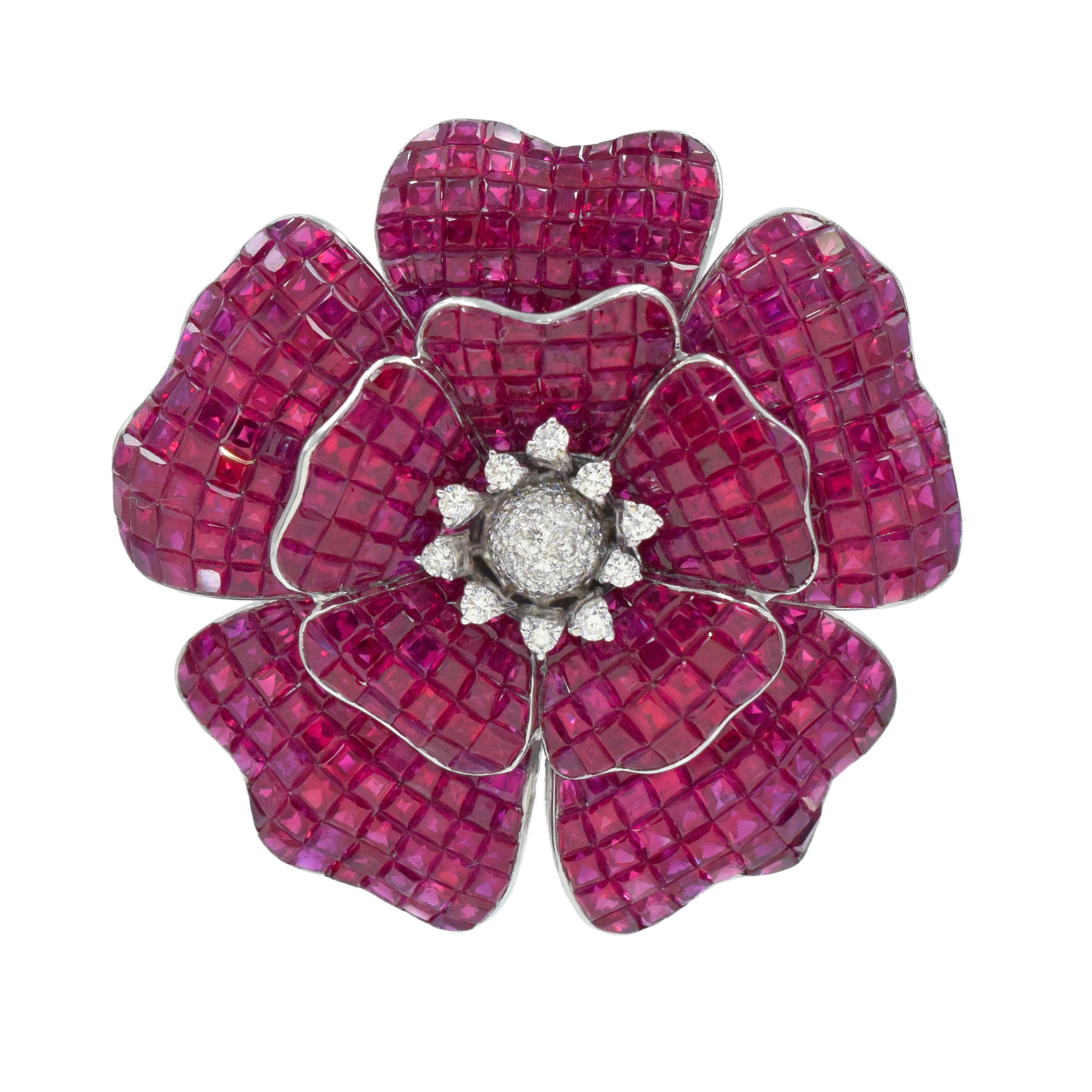 60.80ct Invisibly Set Ruby & Diamond Flower Brooch & Pendant In 18k White Gold