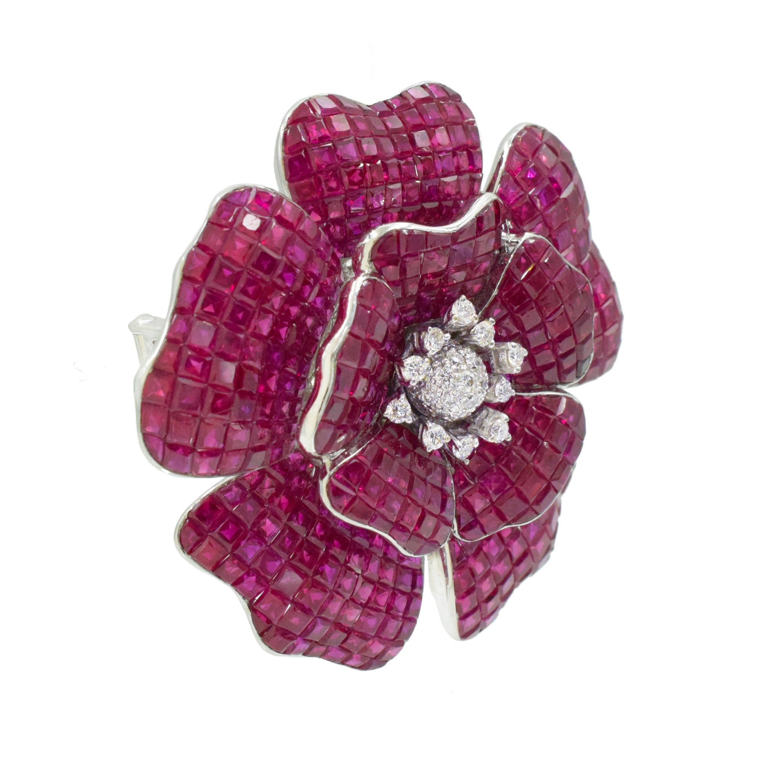 60.80ct Invisibly Set Ruby & Diamond Flower Brooch & Pendant In 18k White Gold
