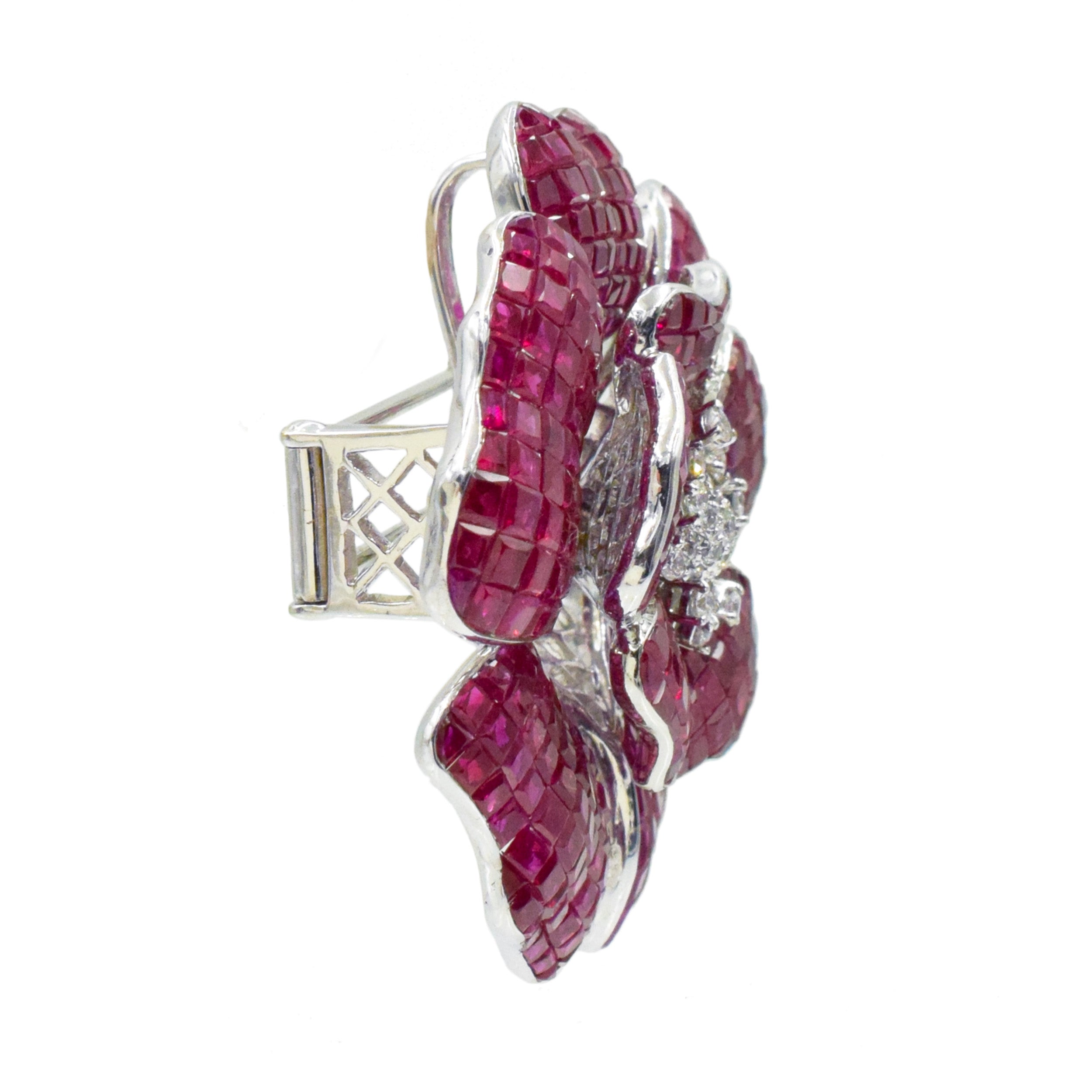 60.80ct Invisibly Set Ruby & Diamond Flower Brooch & Pendant In 18k White Gold