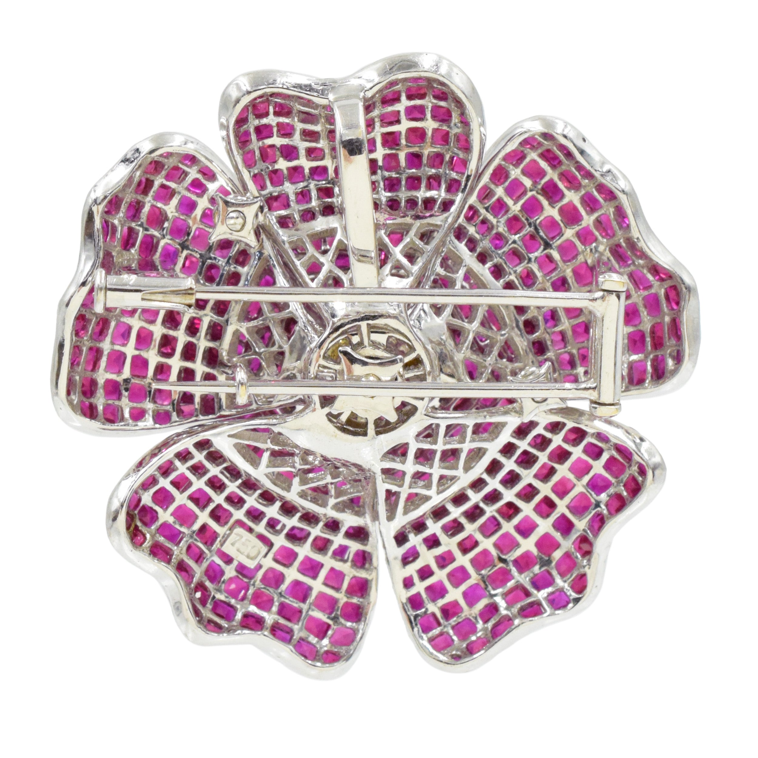 60.80ct Invisibly Set Ruby & Diamond Flower Brooch & Pendant In 18k White Gold
