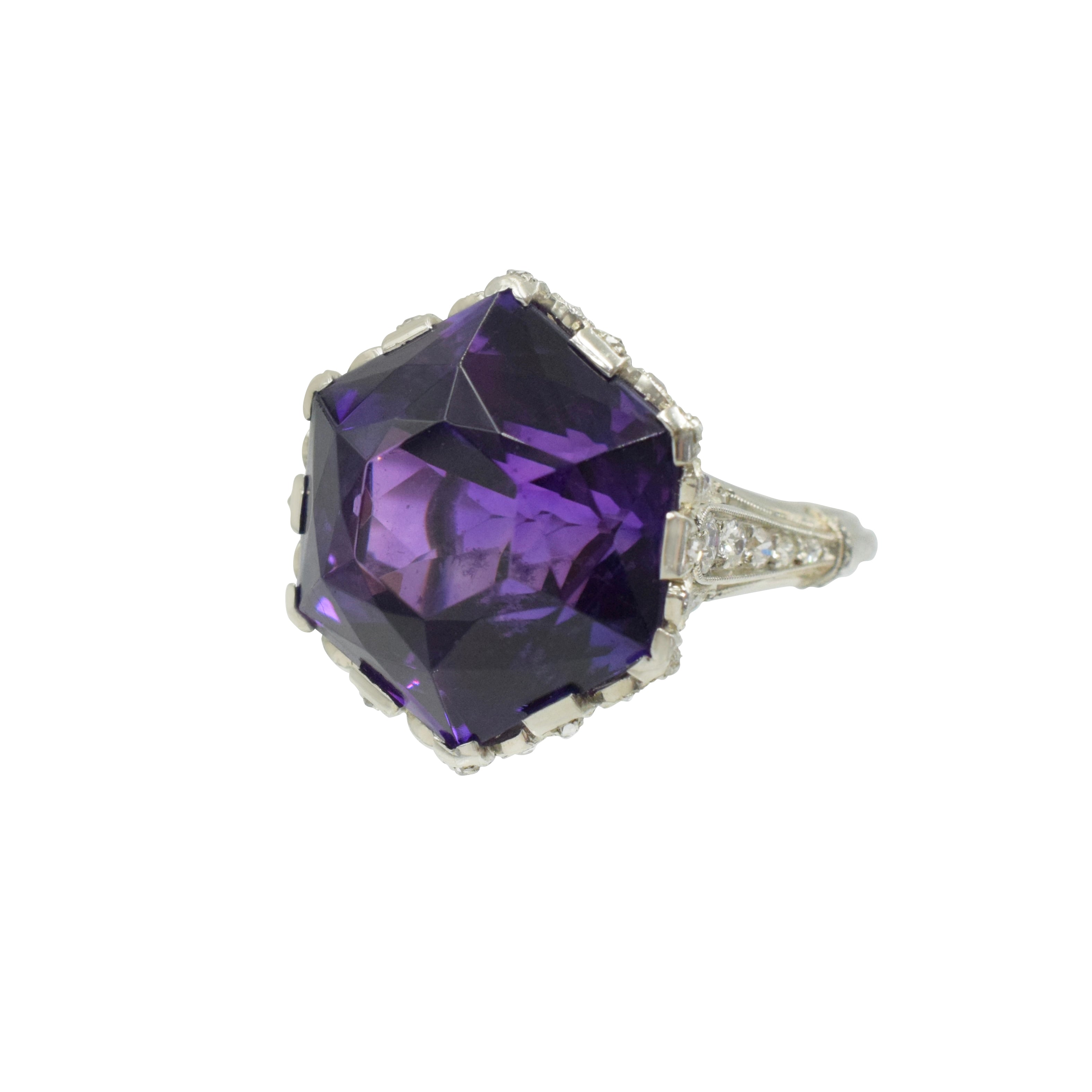 Antique 26.60ct Amethyst & Diamond Ring