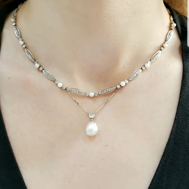 Antique Natural Pearl & Diamond Necklace
