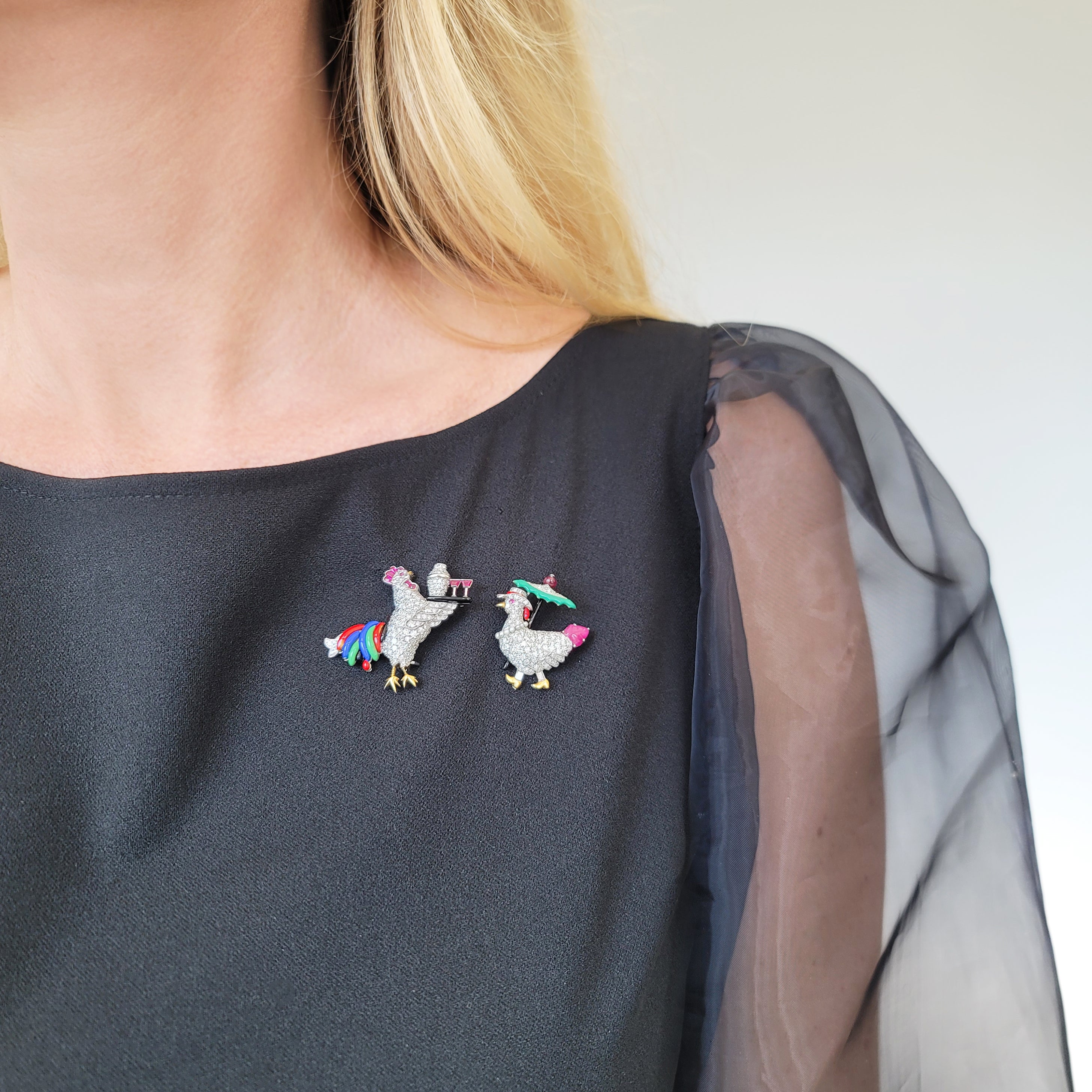 Art Deco Diamond, Ruby & Enamel Rooster & Hen Brooches by Raymond Yard