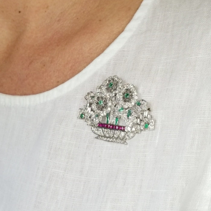 Art Deco Diamond, Emerald & Ruby Flower Brooch in Platinum