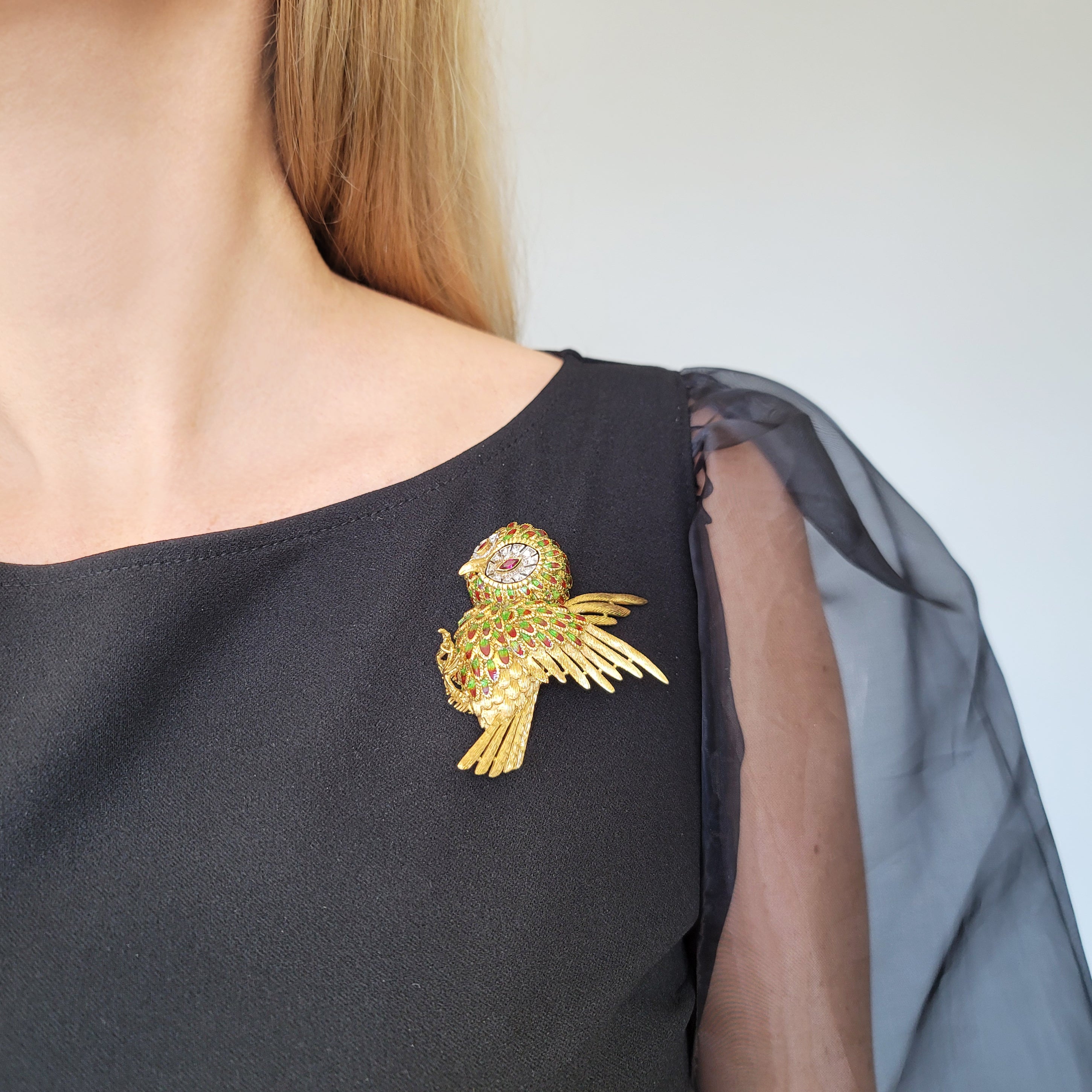 Diamond, Ruby & Enamel Owl Brooch in 18k Yellow Gold