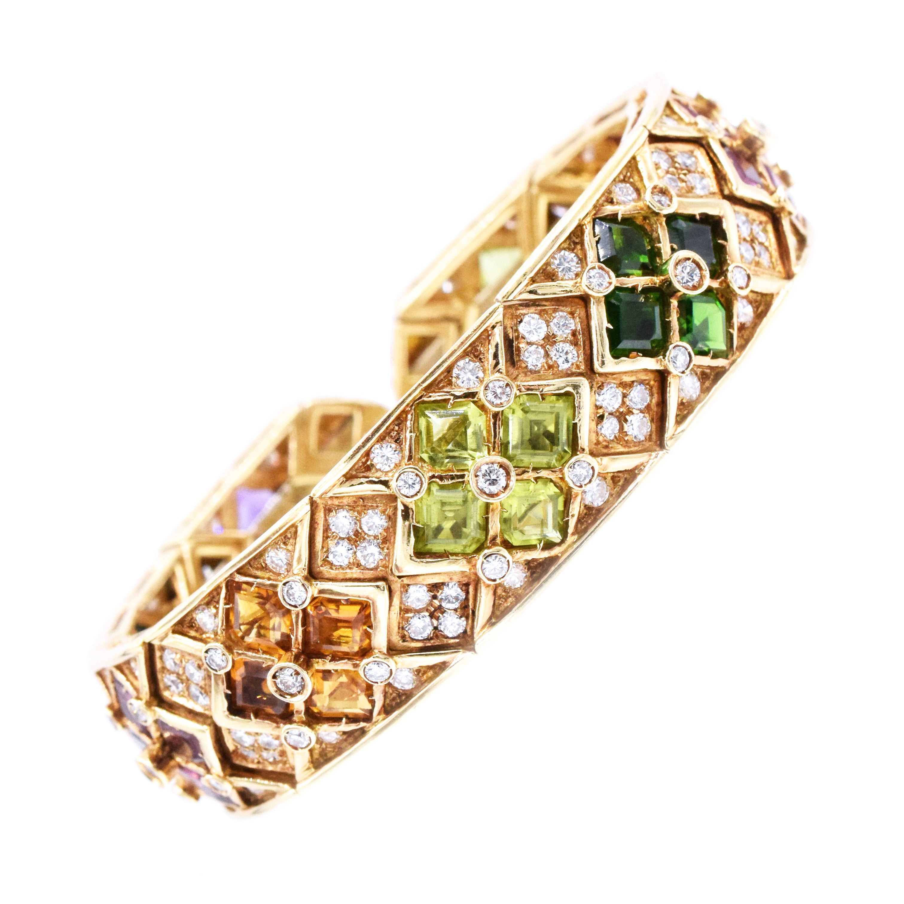 Diamond & Multicolor Gem Cuff Bracelet In 14k Yellow Gold