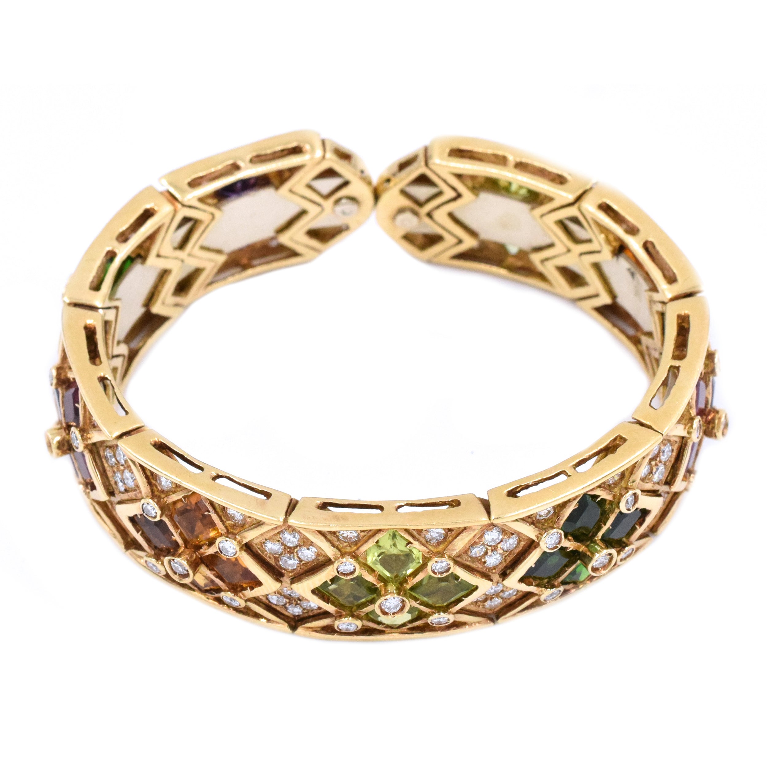 Diamond & Multicolor Gem Cuff Bracelet In 14k Yellow Gold