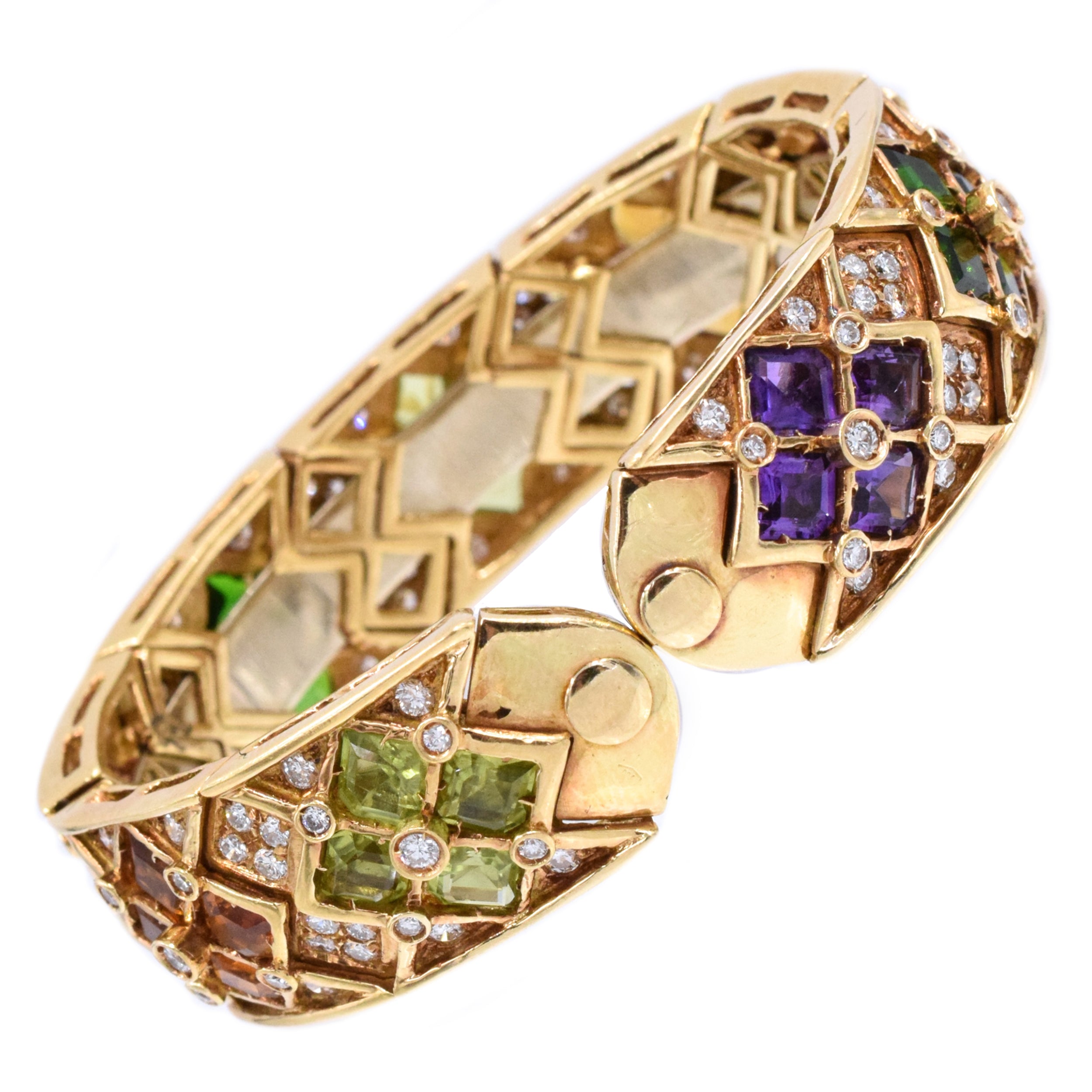 Diamond & Multicolor Gem Cuff Bracelet In 14k Yellow Gold