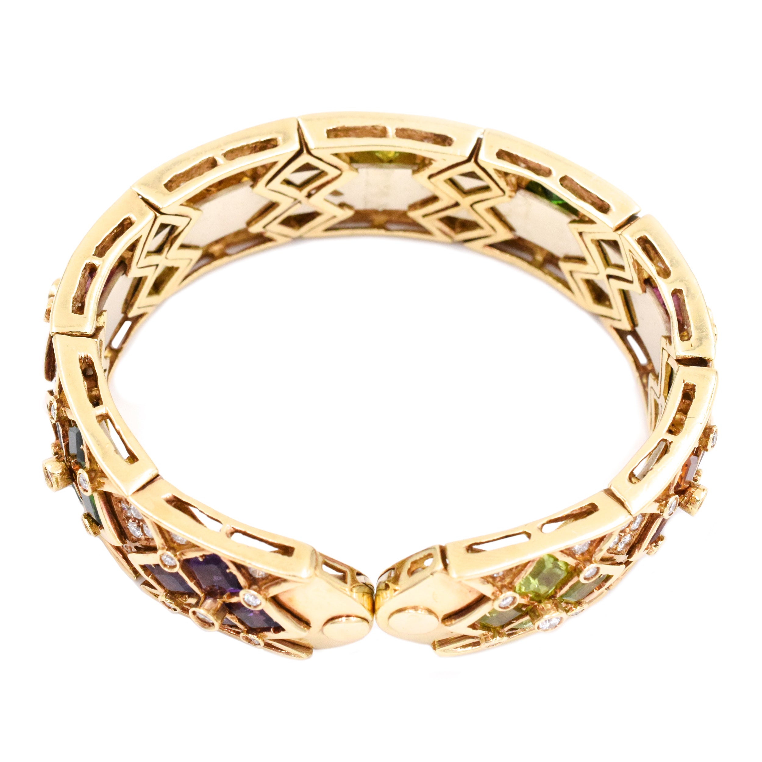 Diamond & Multicolor Gem Cuff Bracelet In 14k Yellow Gold