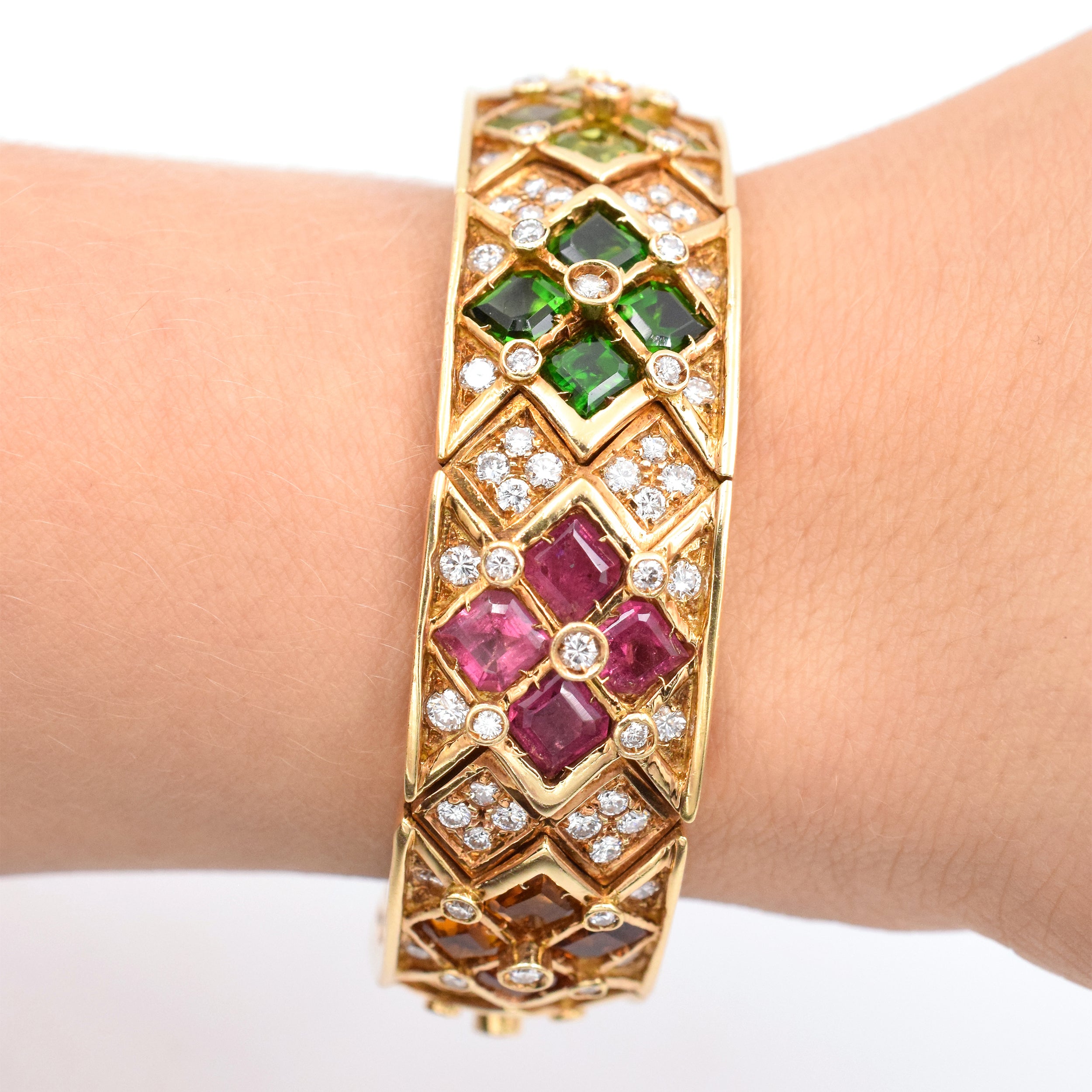Diamond & Multicolor Gem Cuff Bracelet In 14k Yellow Gold