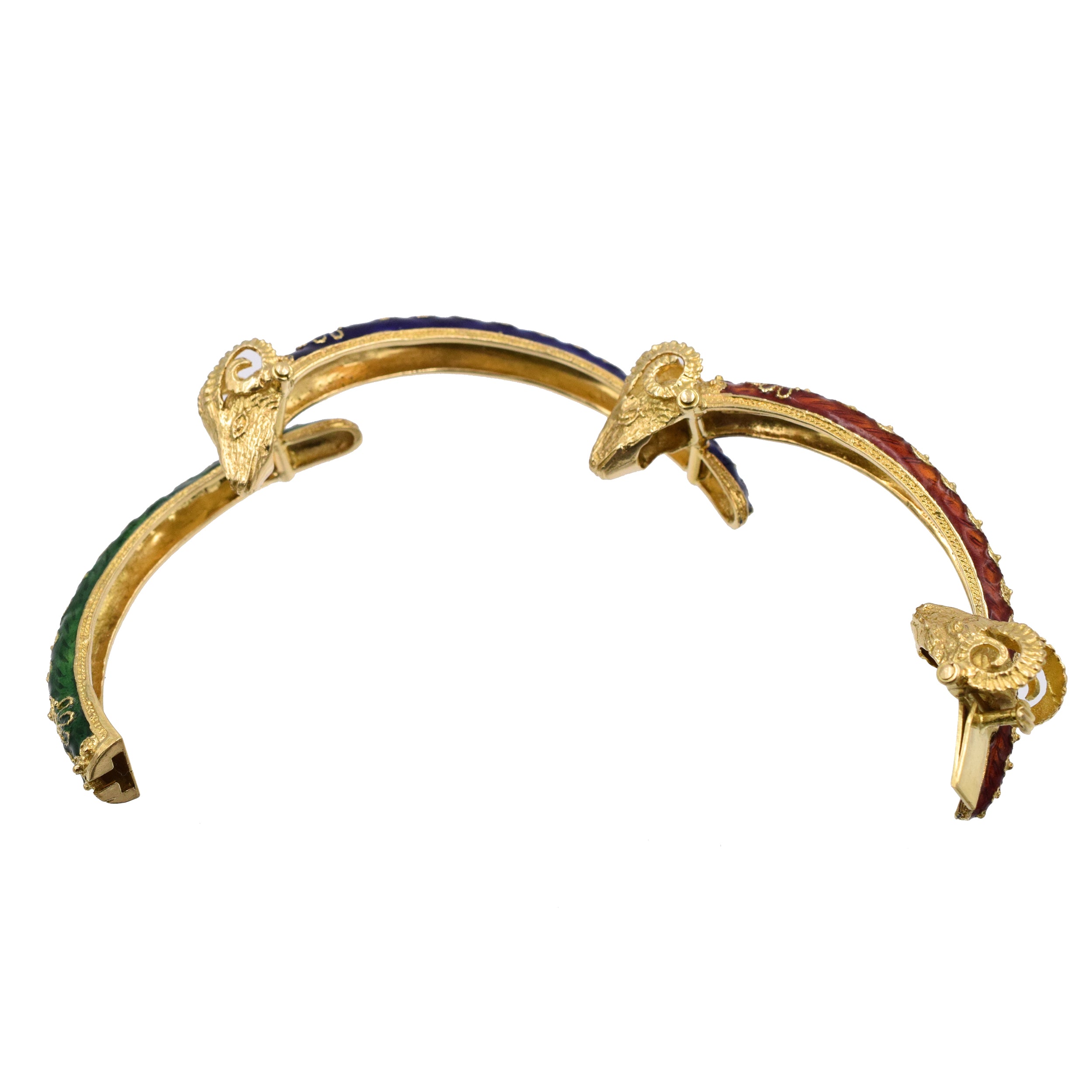 Red, Blue and Green Enamel Ram Heads Bangle Bracelet