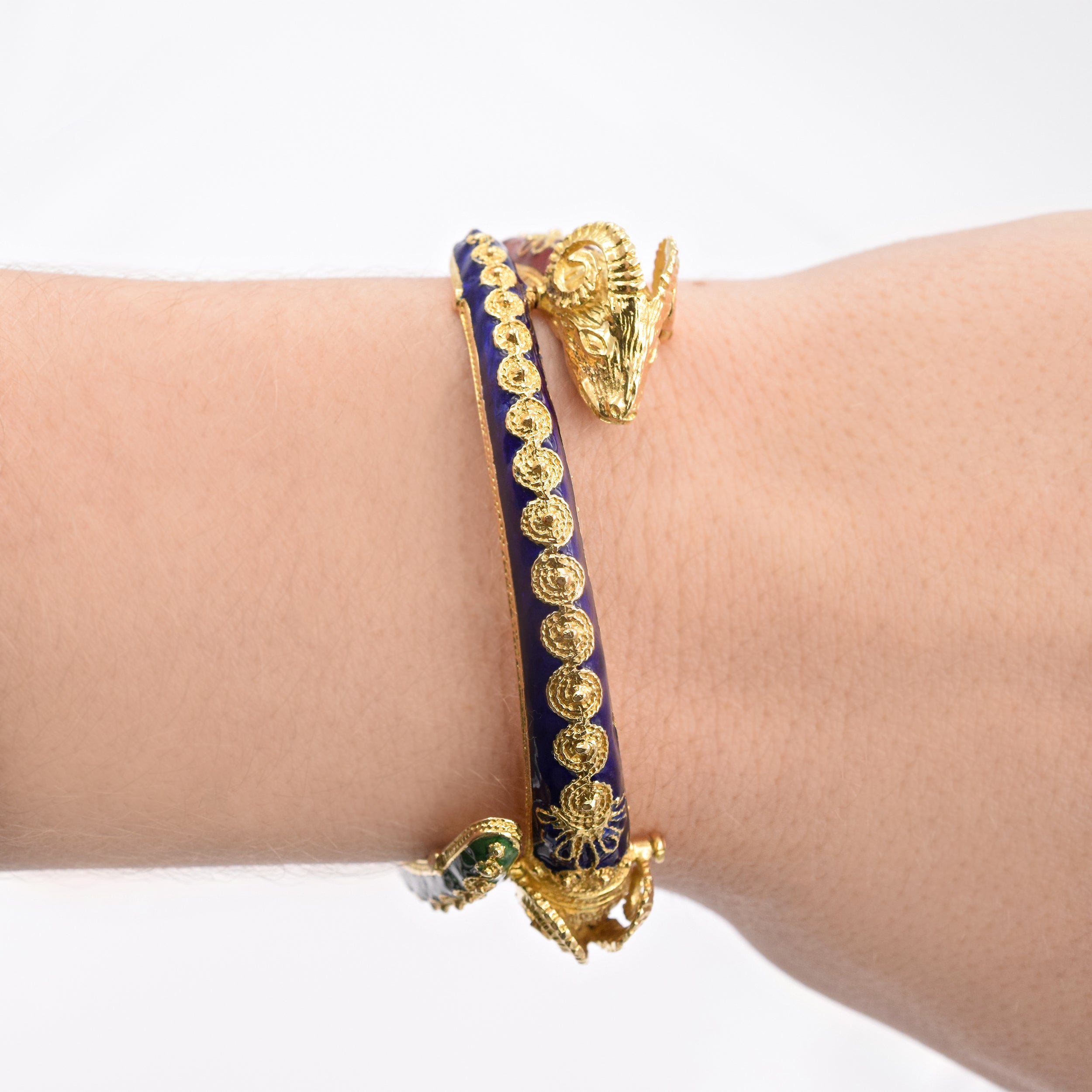 Red, Blue and Green Enamel Ram Heads Bangle Bracelet