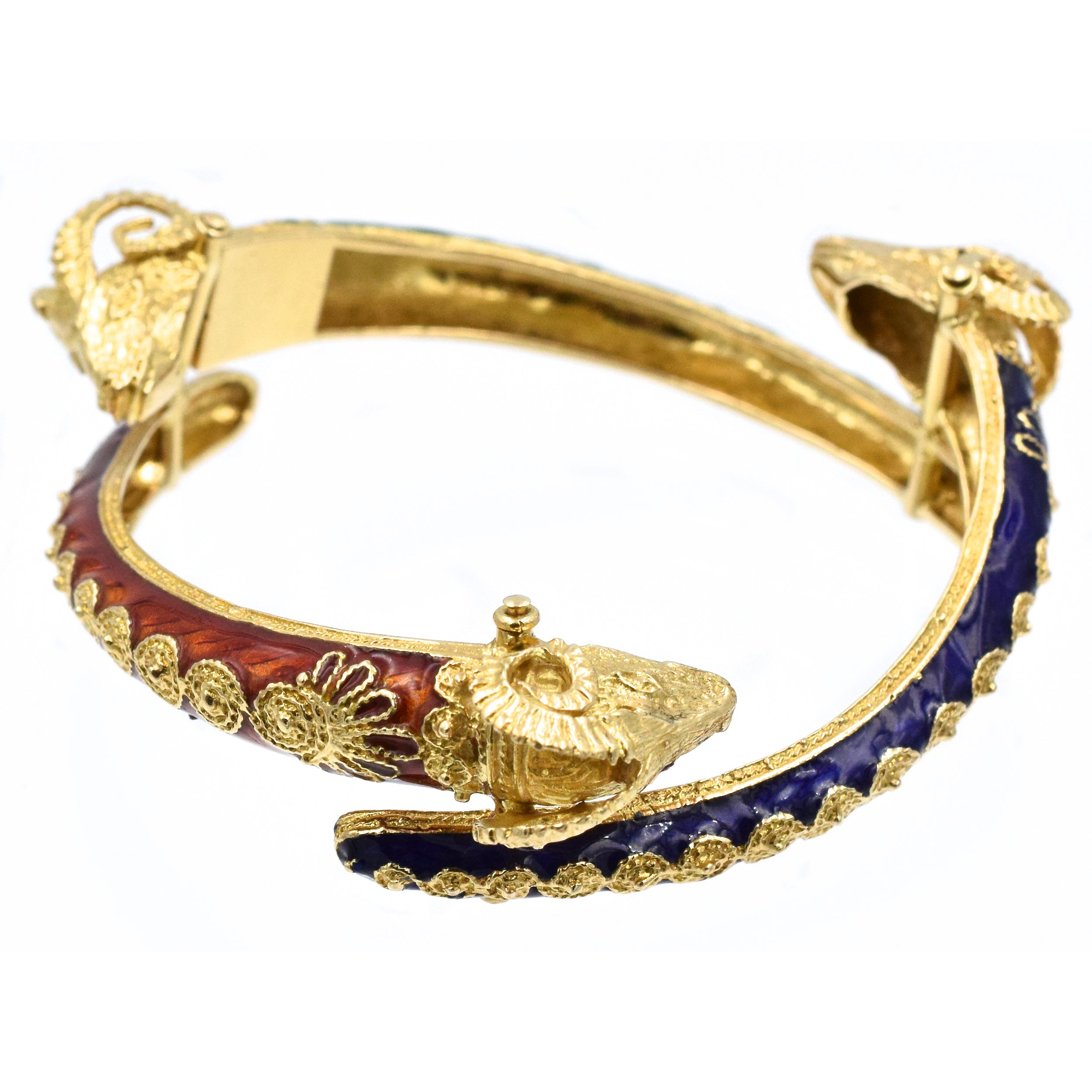 Red, Blue and Green Enamel Ram Heads Bangle Bracelet