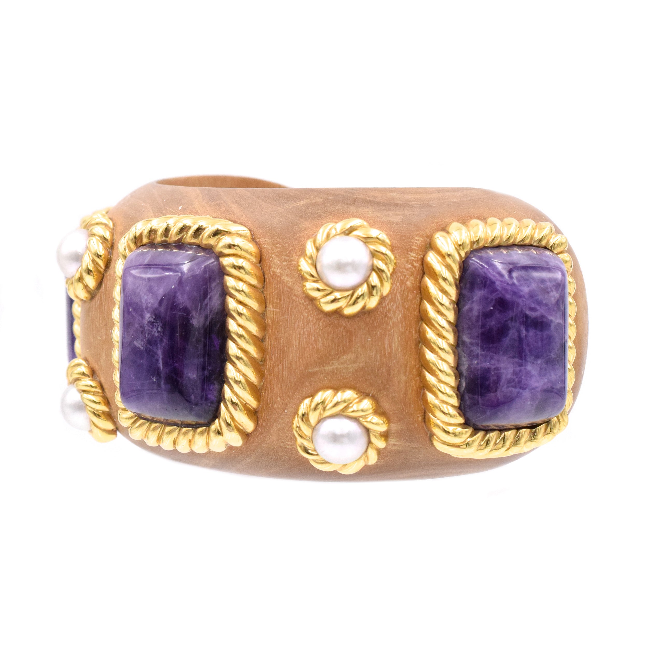 1980's Amethyst, Pearls & Wood Cuff Bracelet
