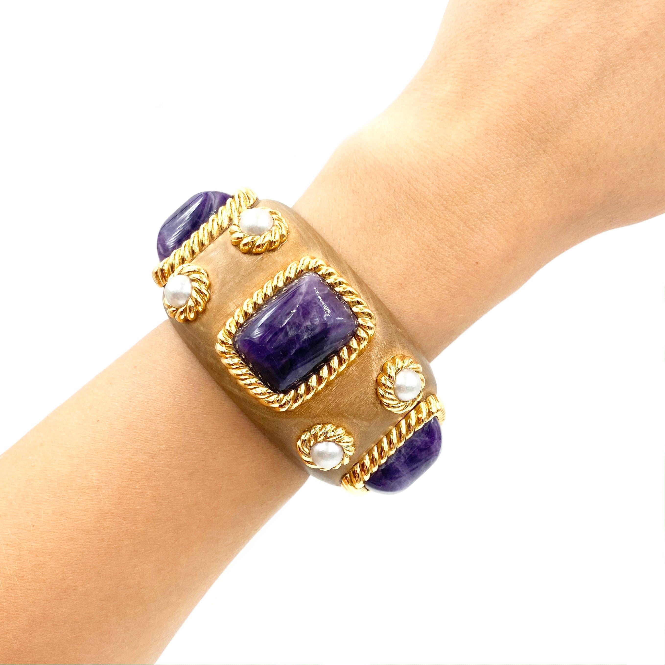 1980's Amethyst, Pearls & Wood Cuff Bracelet