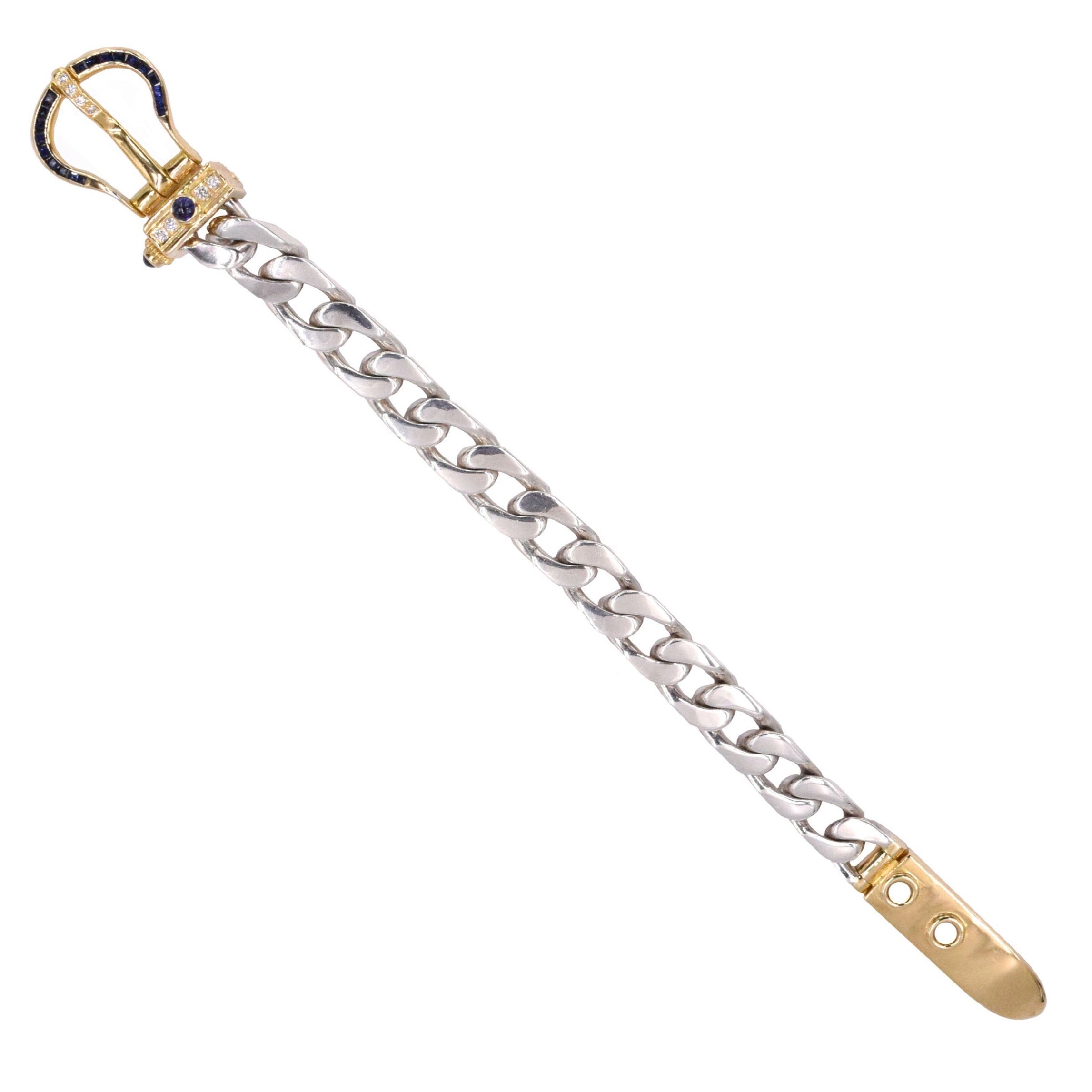 Sapphire & Diamond Belt Buckle Bracelet in 18k Yellow Gold & Silver