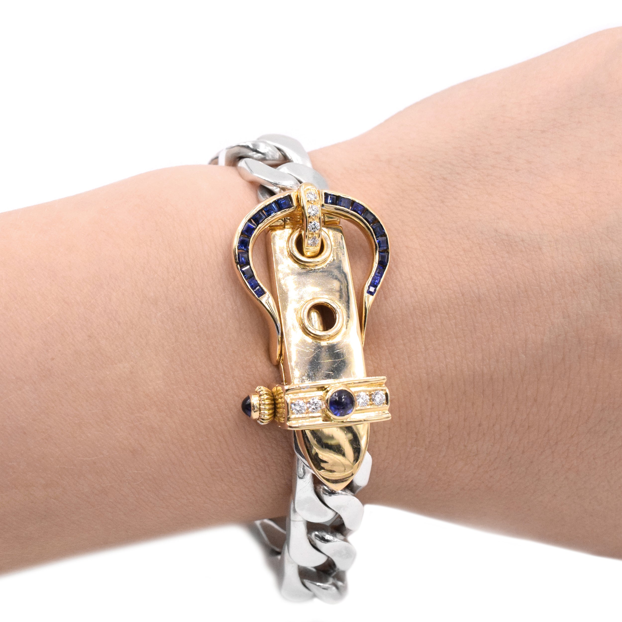 Sapphire & Diamond Belt Buckle Bracelet in 18k Yellow Gold & Silver