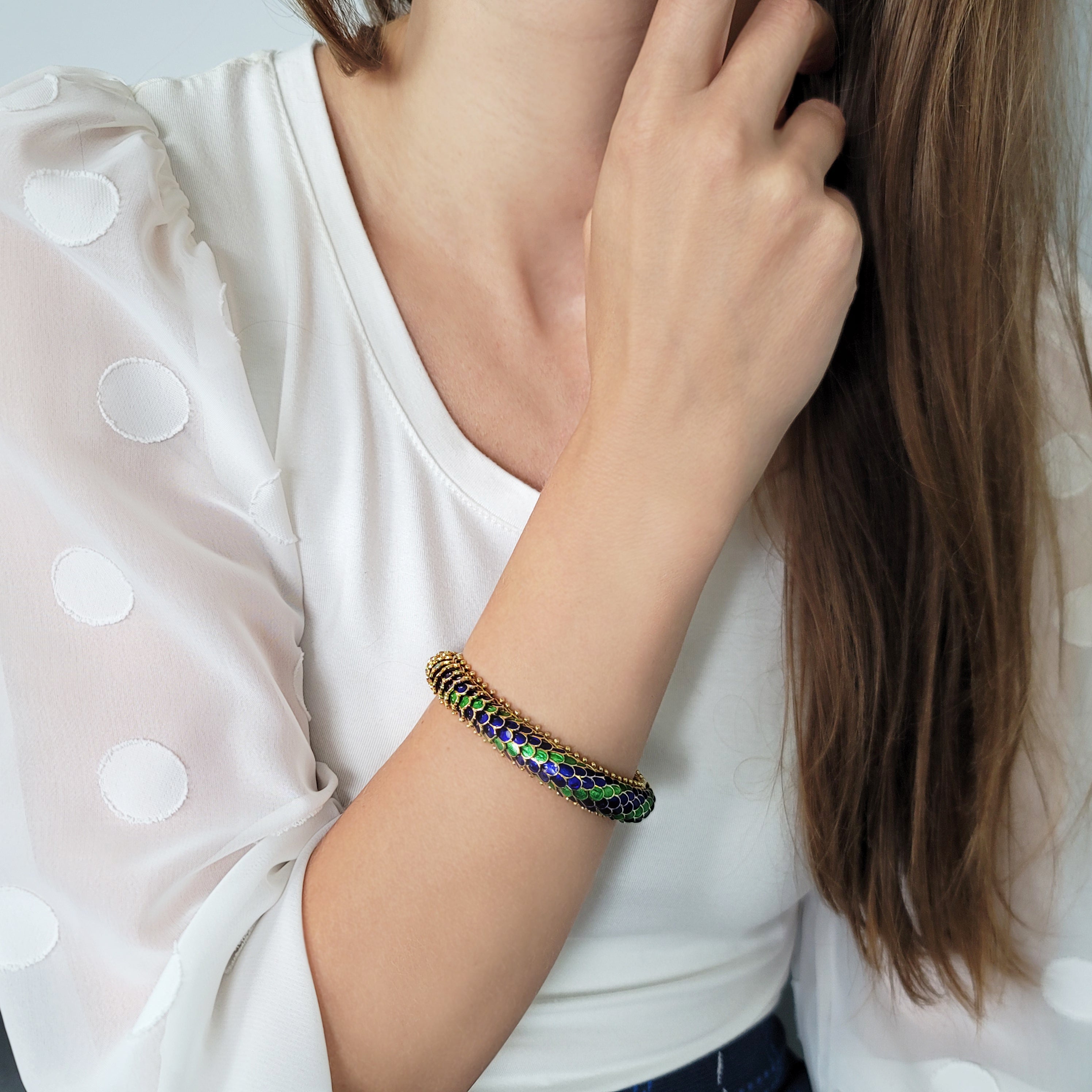 Blue & Green Enamel Dragon Scales Bracelet in 18k Yellow Gold