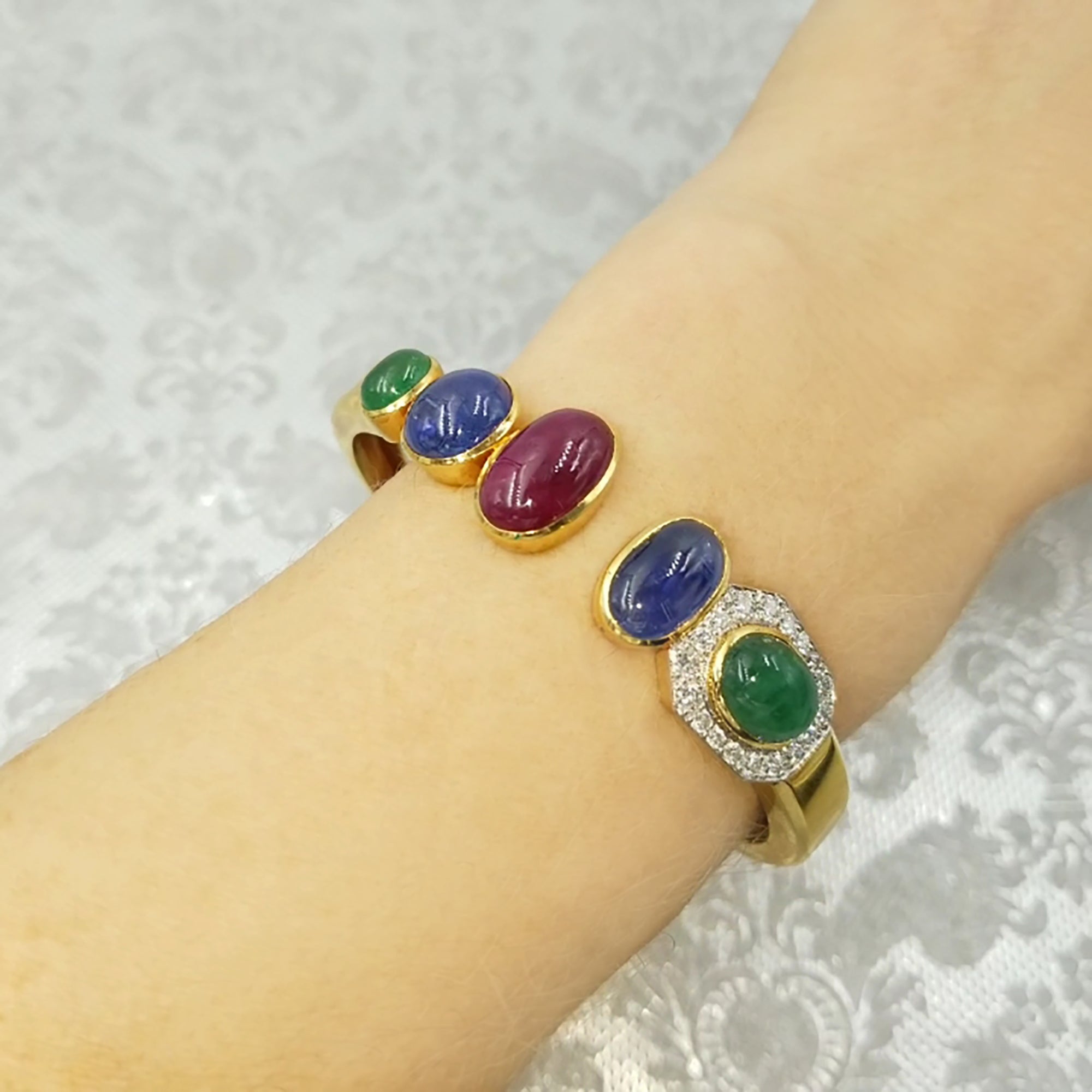 1960's David Webb Emerald, Sapphire, Ruby & Diamond Bangle Bracelet