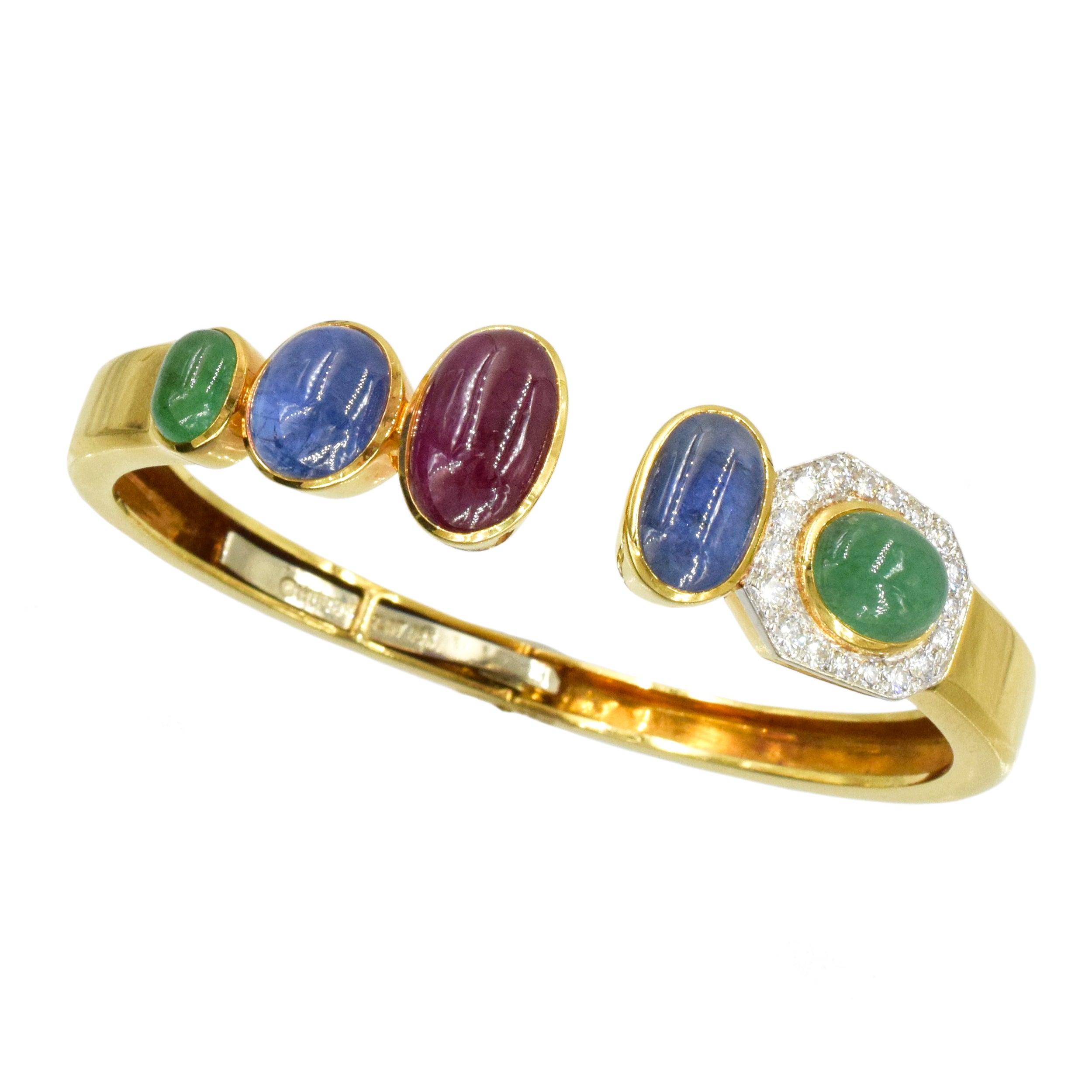 1960's David Webb Emerald, Sapphire, Ruby & Diamond Bangle Bracelet