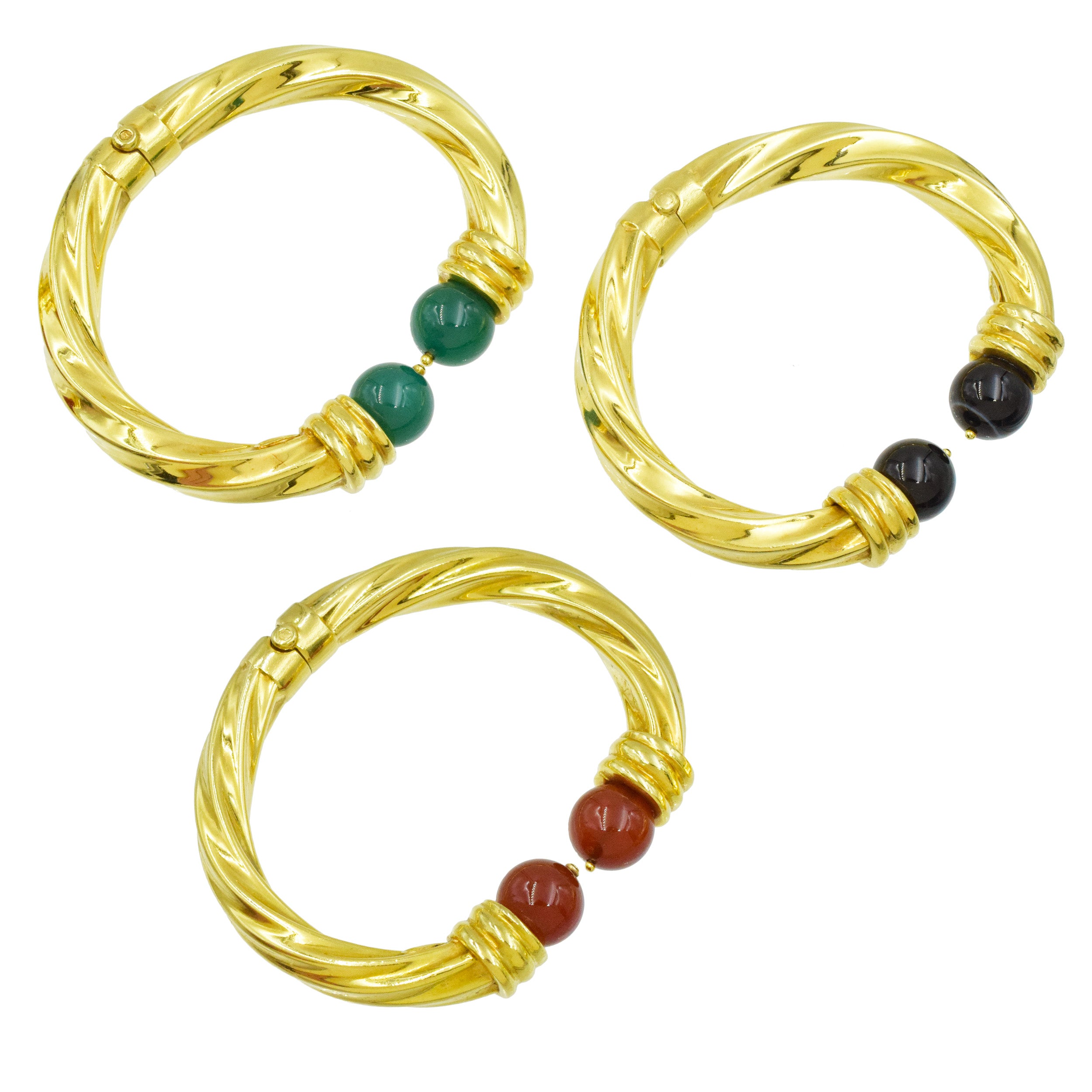 Set Of Bangle Bracelets with Green & Black Onyx & Carnelian Beads