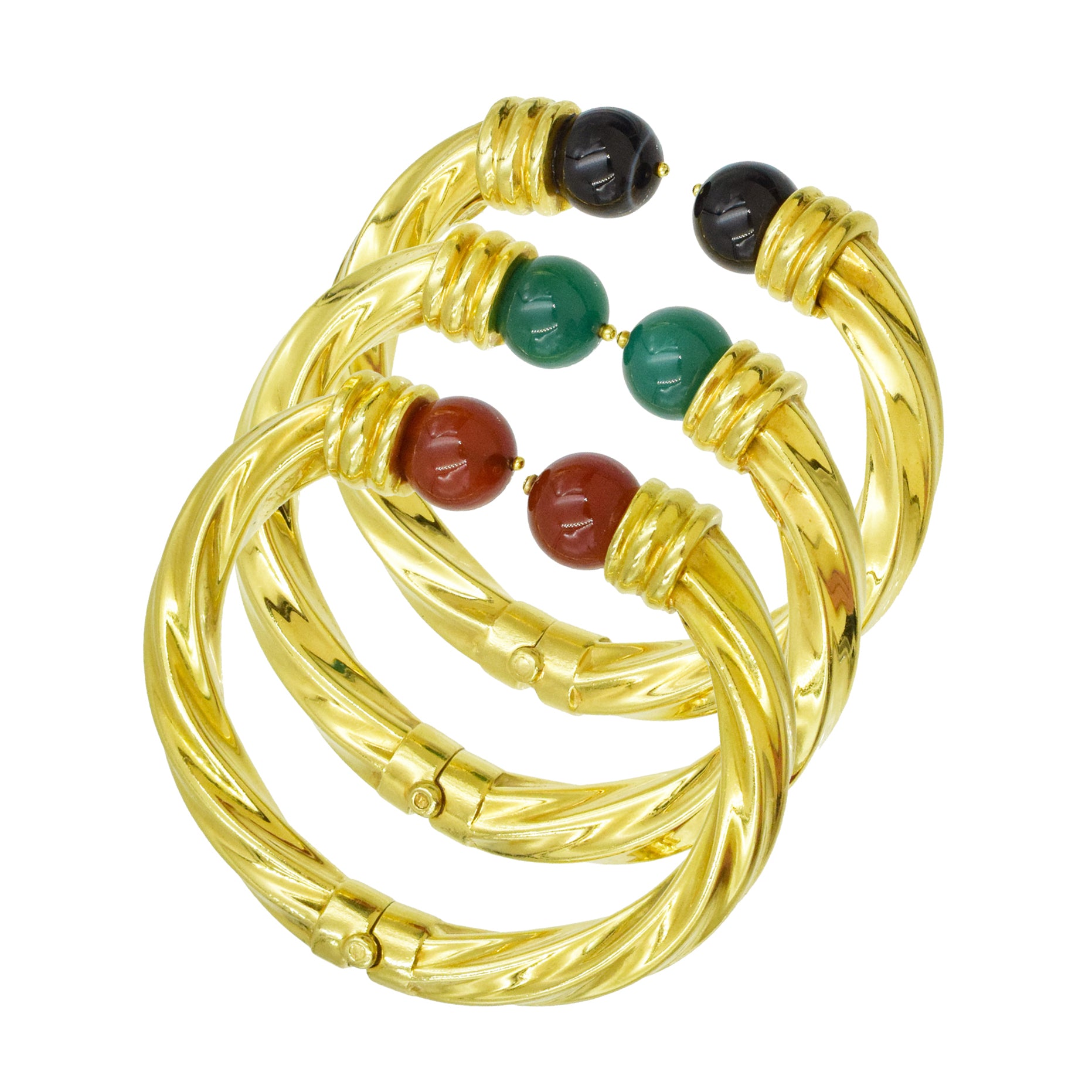 Set Of Bangle Bracelets with Green & Black Onyx & Carnelian Beads