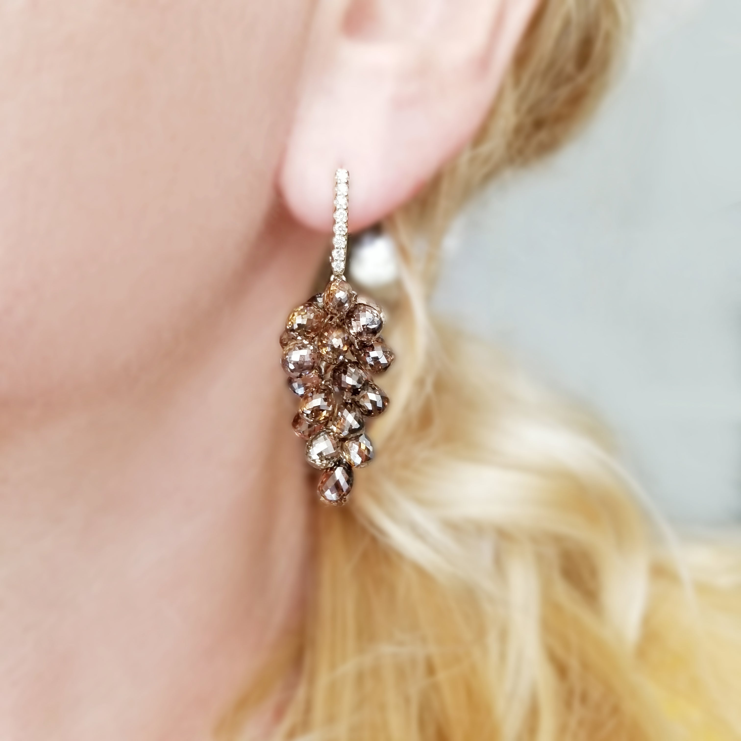 45.75ct Briolette Cognac Diamond Earrings In 18k Yellow Gold