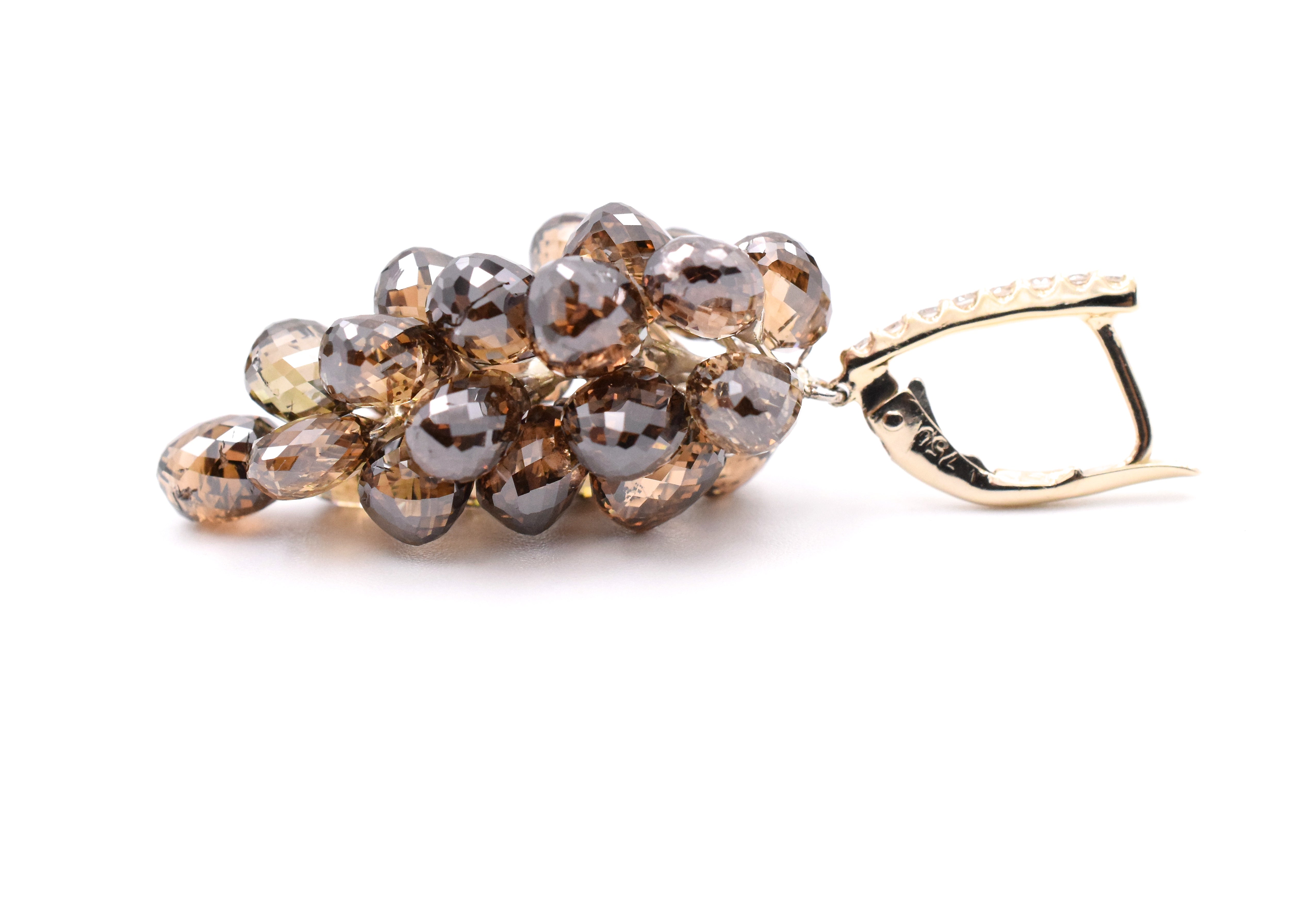 45.75ct Briolette Cognac Diamond Earrings In 18k Yellow Gold