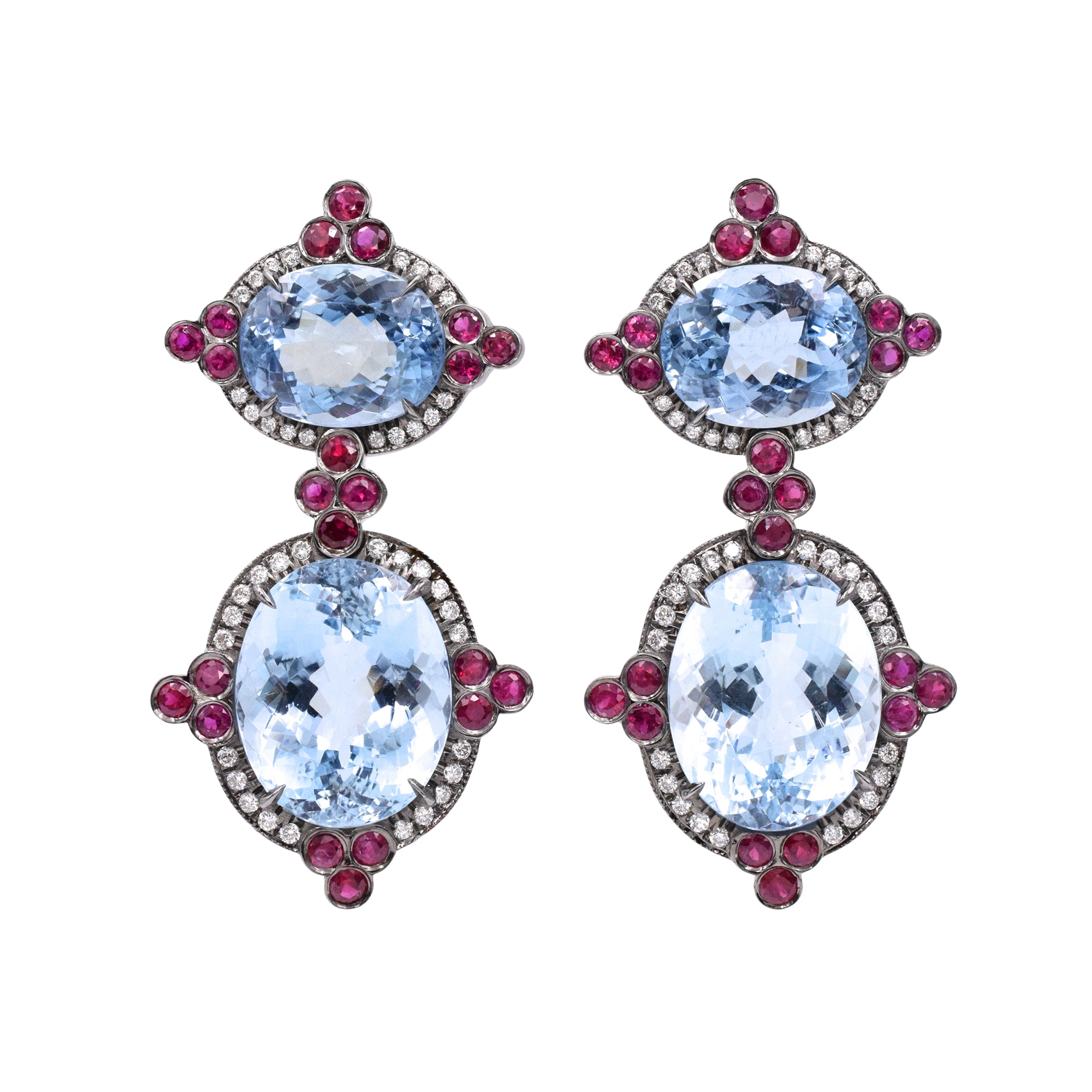 Aquamarine, Ruby & Diamond Drop Earrings In 14k White Gold With Black Rhodium