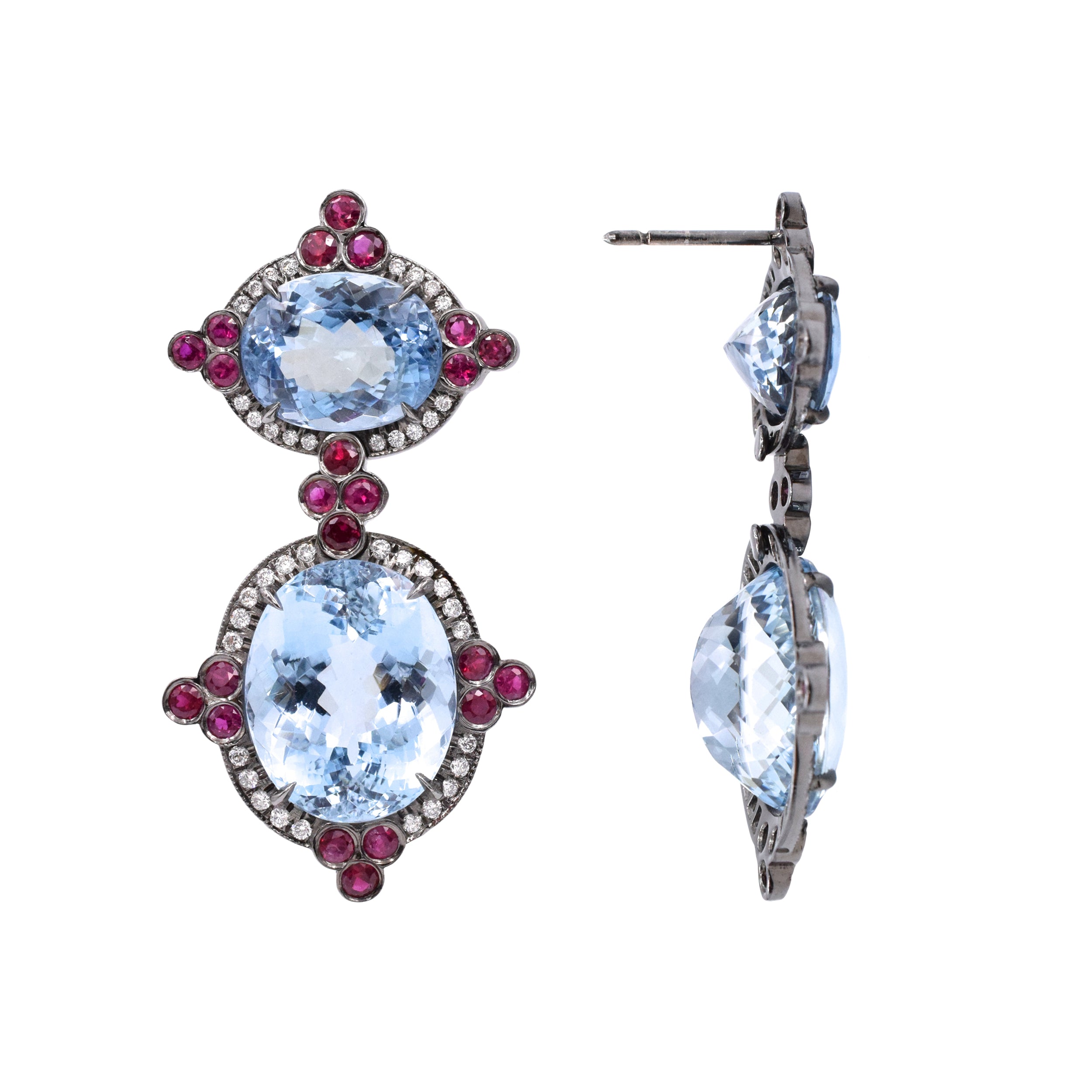 Aquamarine, Ruby & Diamond Drop Earrings In 14k White Gold With Black Rhodium