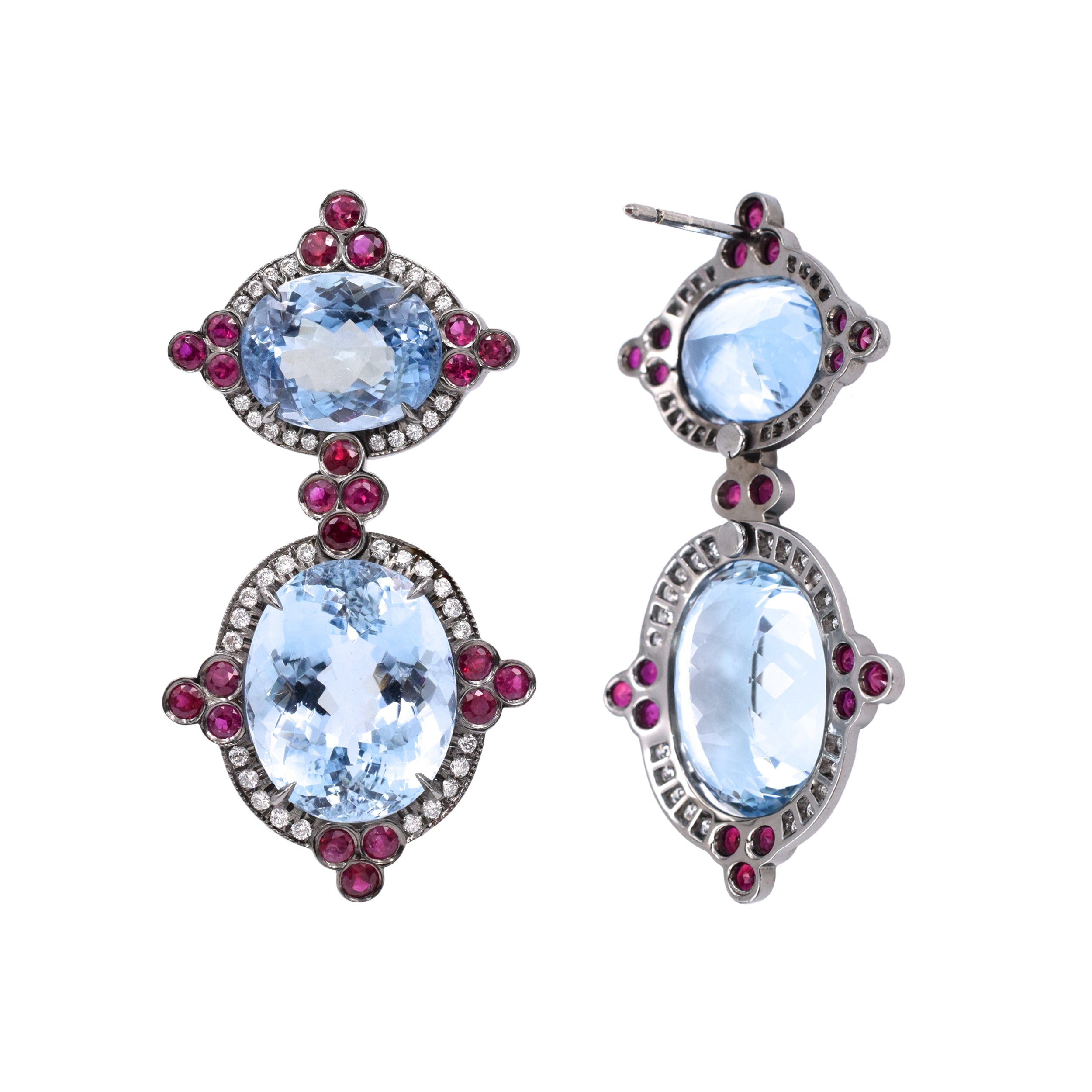 Aquamarine, Ruby & Diamond Drop Earrings In 14k White Gold With Black Rhodium
