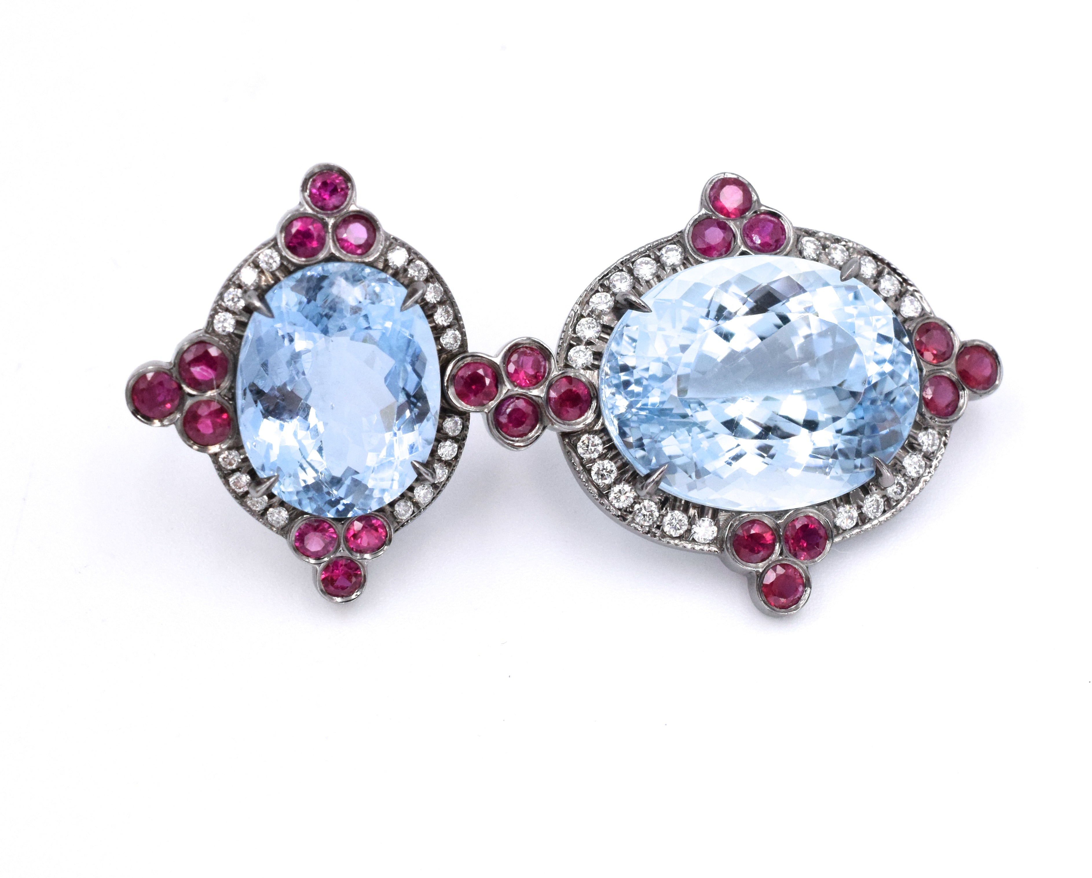 Aquamarine, Ruby & Diamond Drop Earrings In 14k White Gold With Black Rhodium