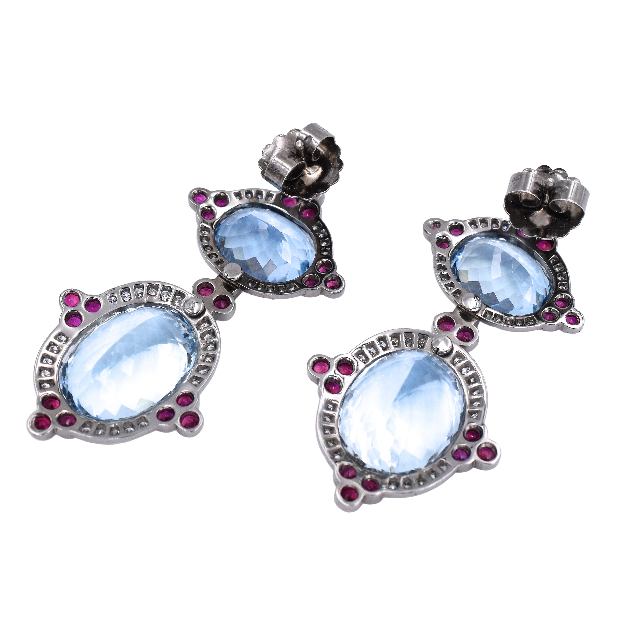 Aquamarine, Ruby & Diamond Drop Earrings In 14k White Gold With Black Rhodium