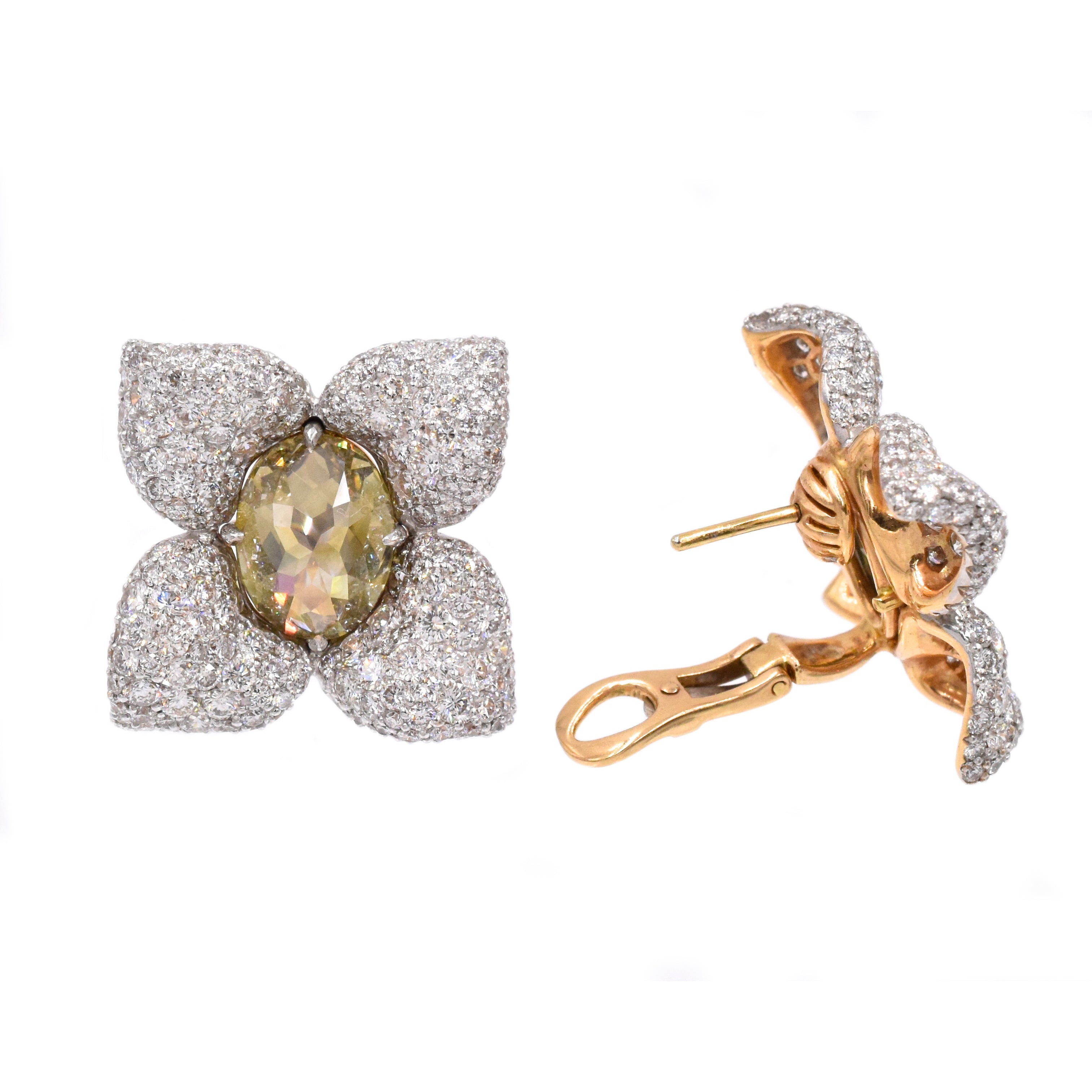 13.45ct Natural Fancy Colored & White Diamond Flower Earrings
