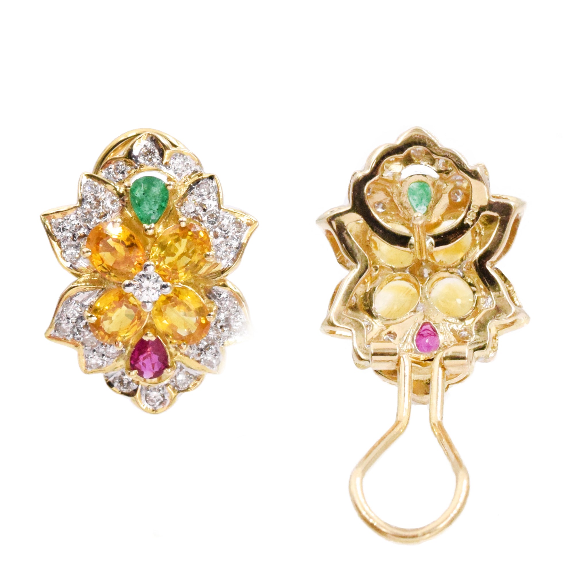 Diamond & Gemstones Cluster Earrings in 18k Yellow Gold