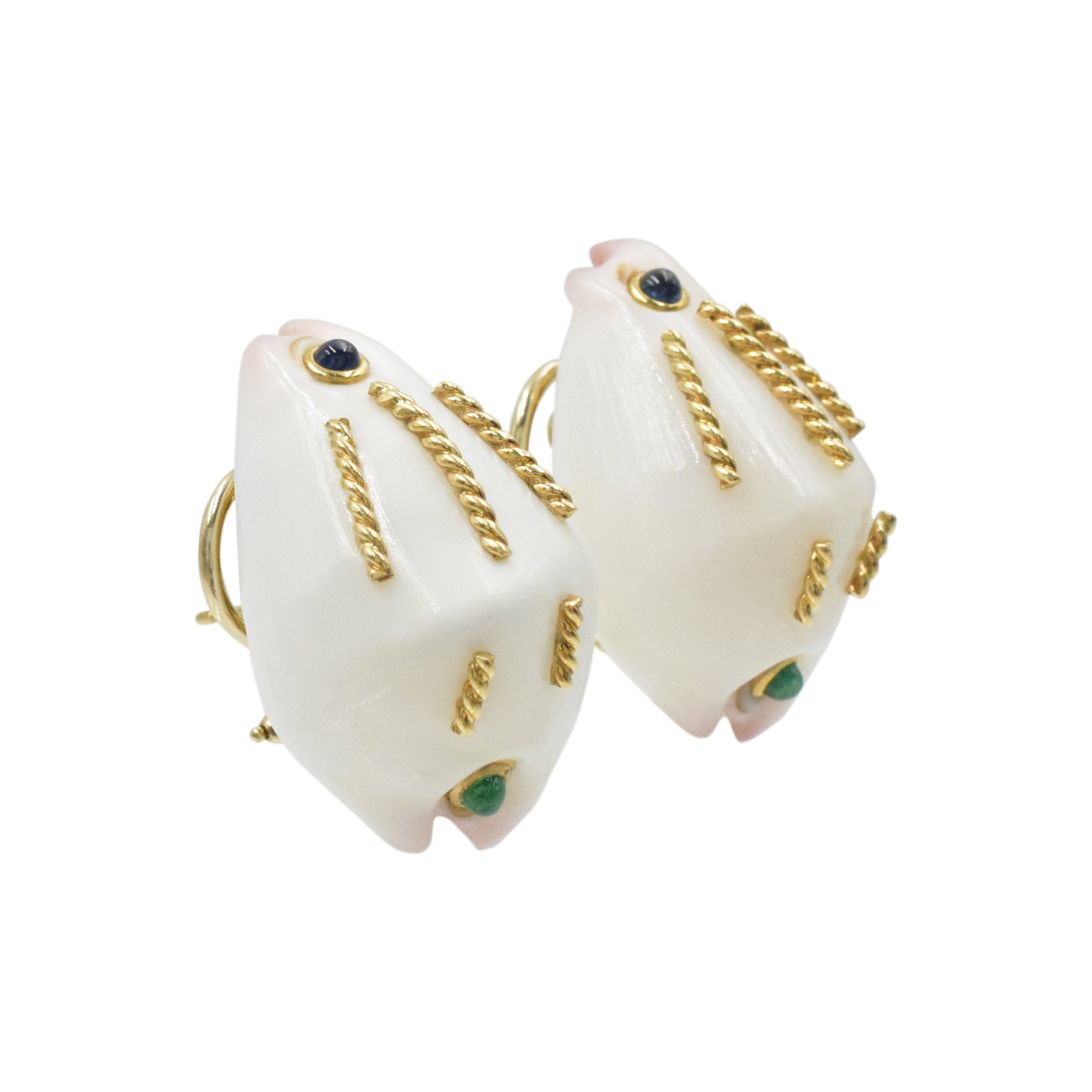 Seaman Schepps Sapphires & Emerald Seashell Earrings In 14k Gold