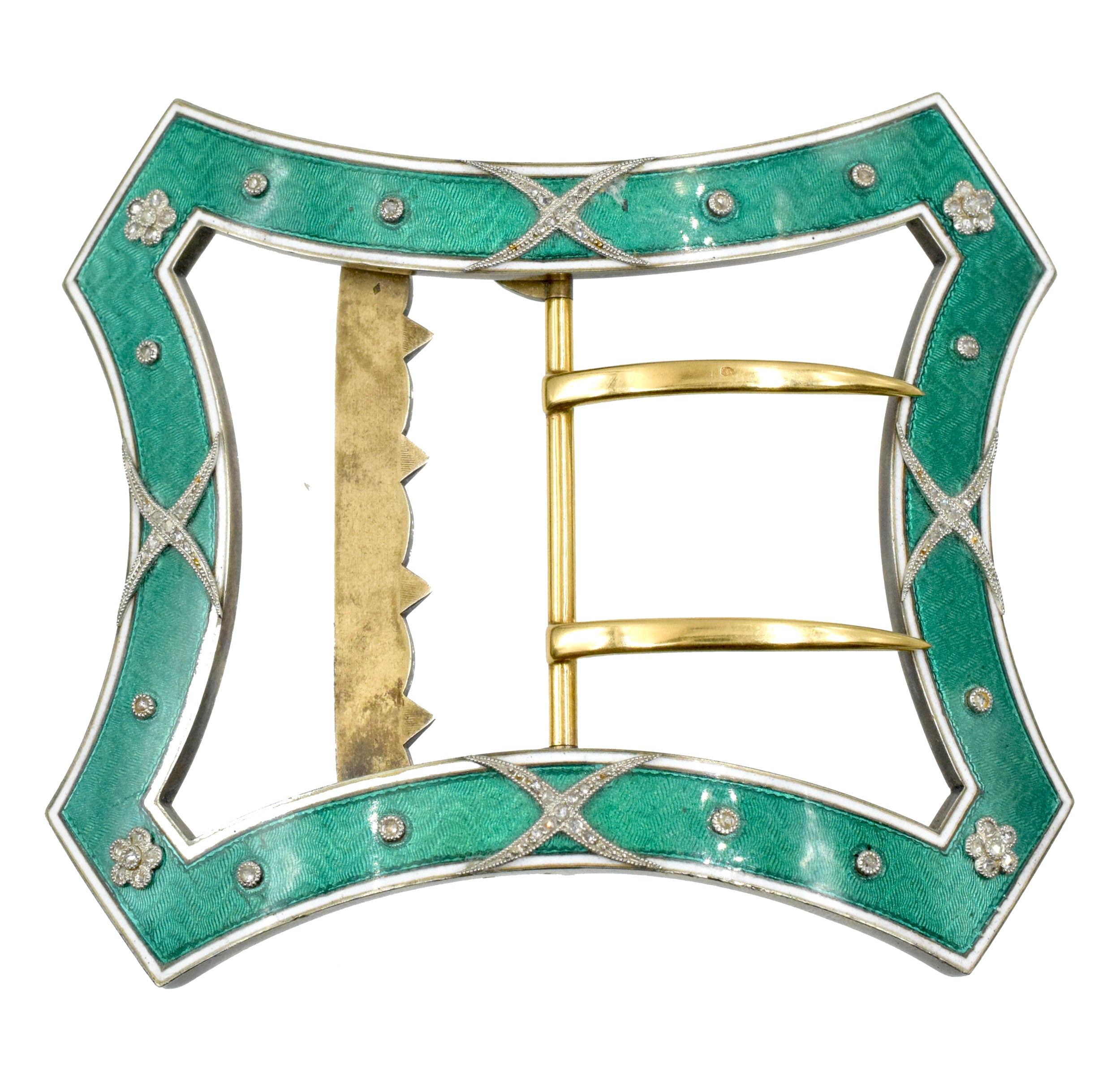 Stunning 1900's Cartier belt buckle, crafted in 14k two-tone gold and silver, decorated with green guilloché enamel and withe enamel boarders, set with rose-cut diamond flower blossoms, stylized "X" designs and collet accents with milgrain finish. Inscribed Cartier Paris with French marks for gold and silver. Measurements 90mm by 80mm Weight 91g. Ref# 950-000-2078