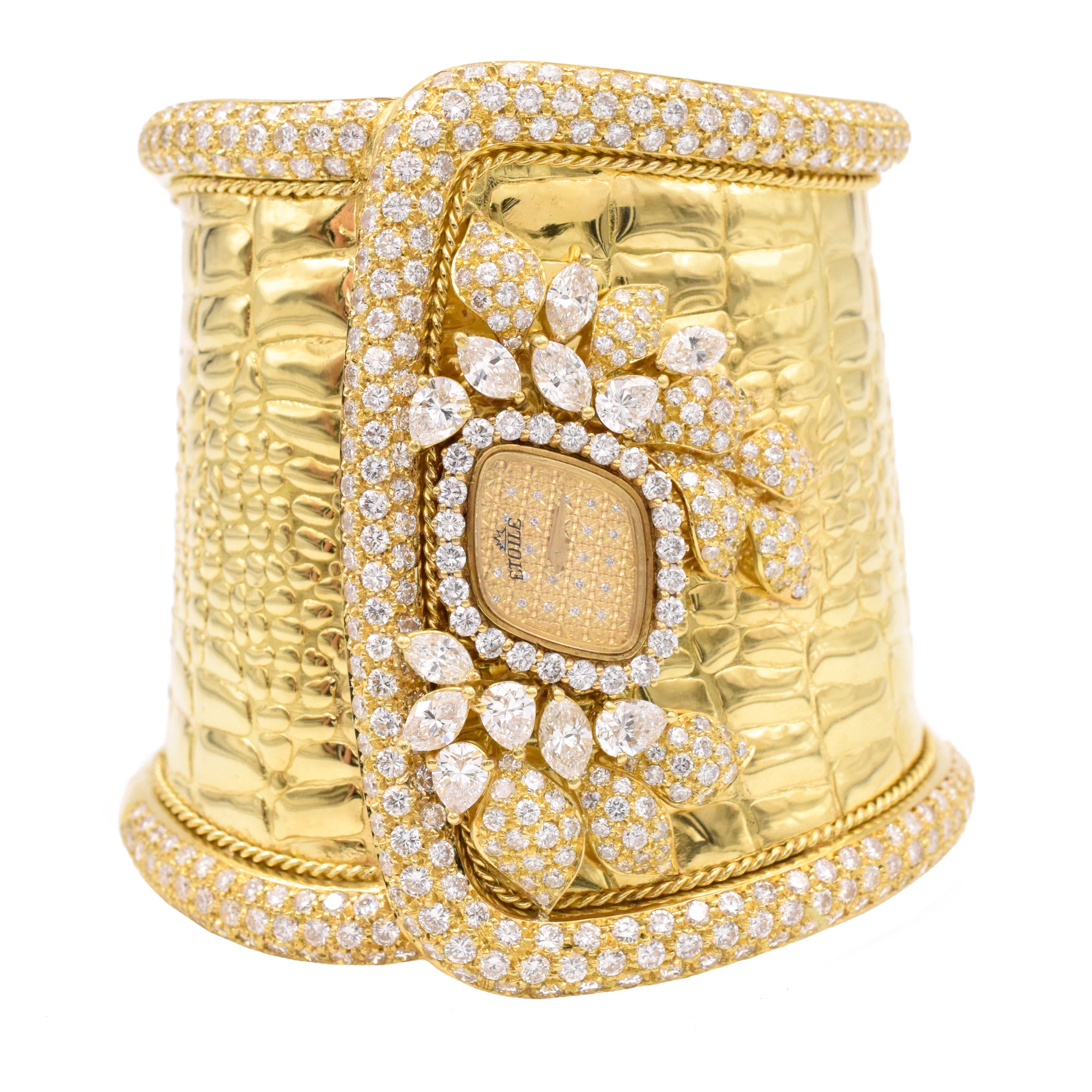 Etoile 1970's Diamond Cuff Watch Made in 18K Yellow Gold