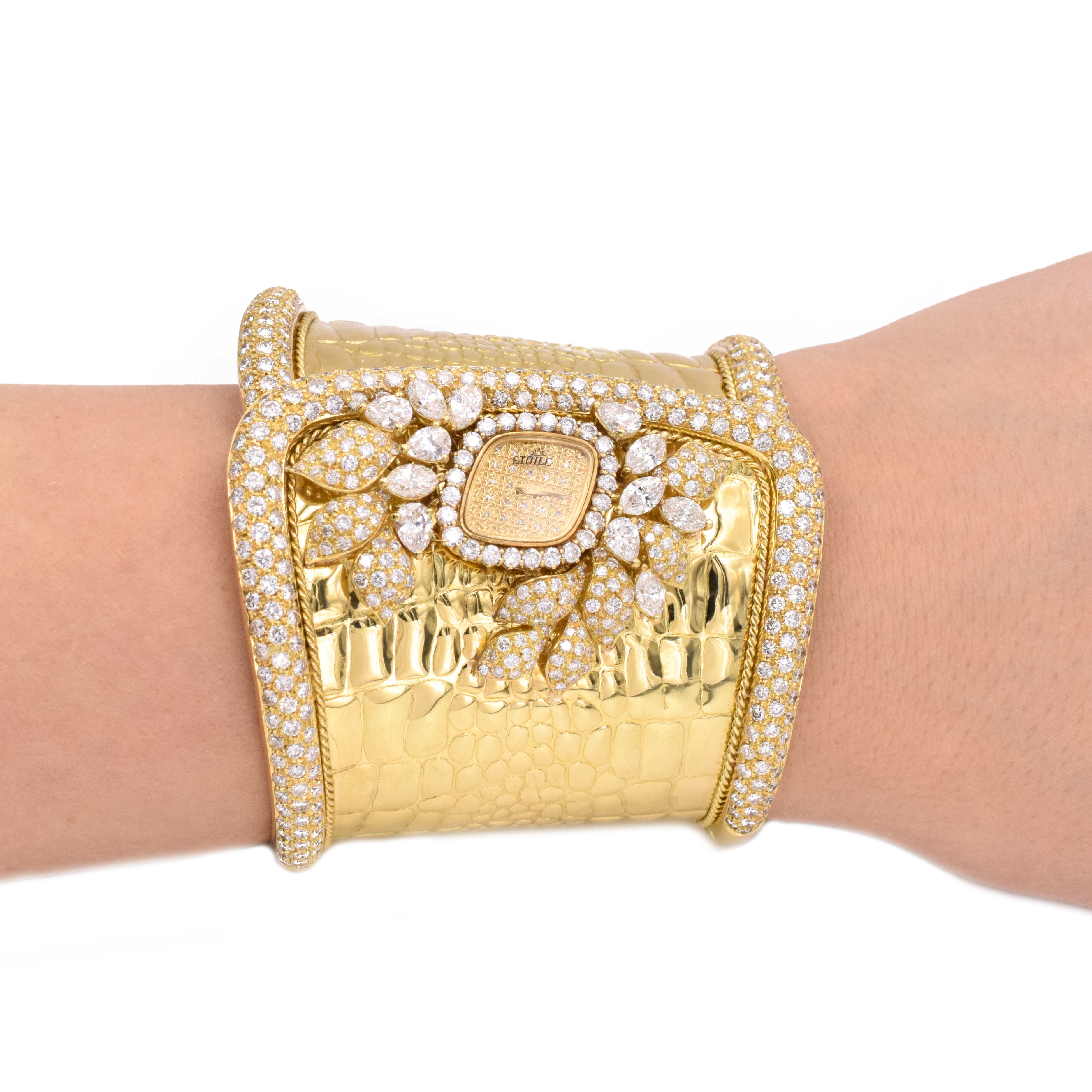 Etoile 1970's Diamond Cuff Watch Made in 18K Yellow Gold