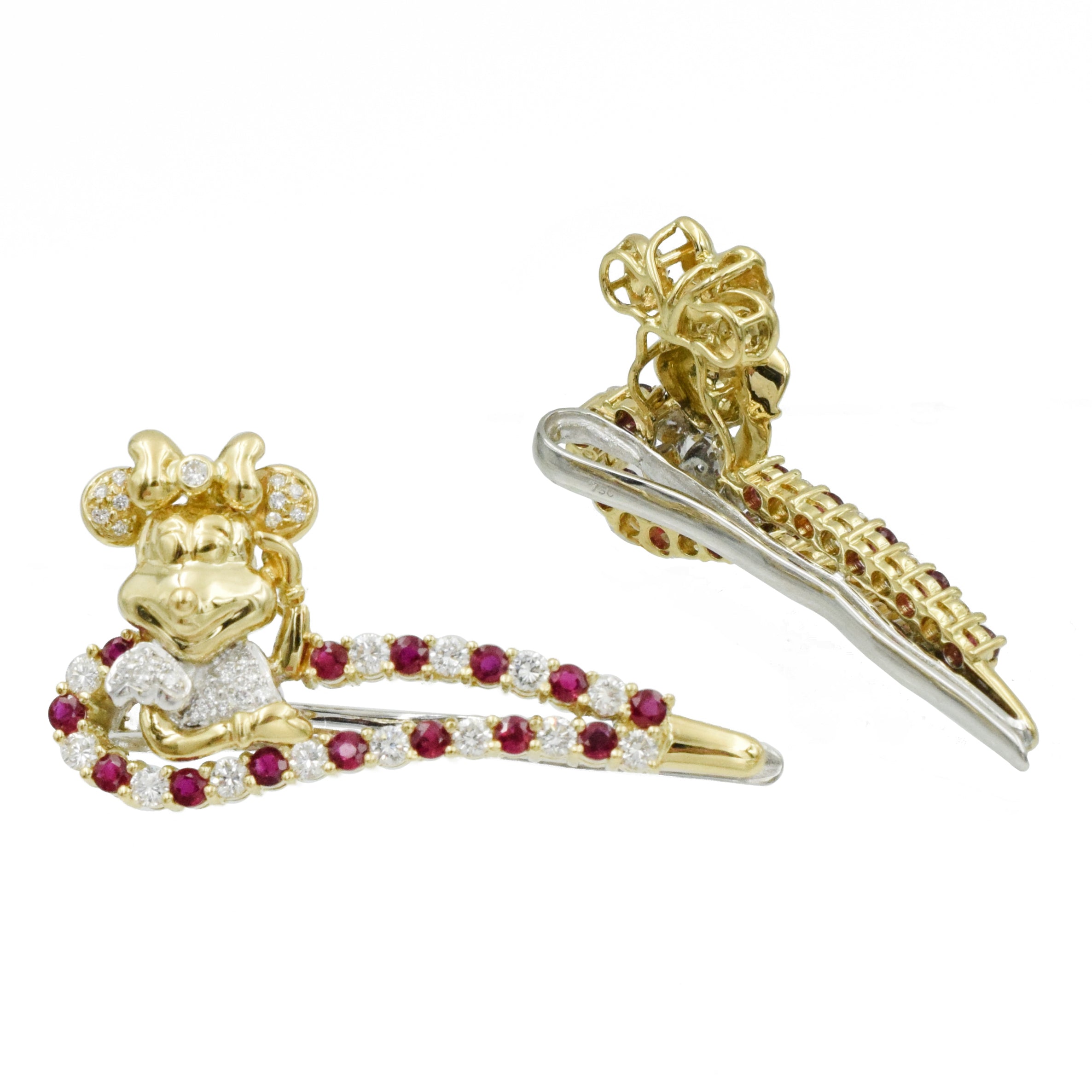 2.50ct Diamond & 2.50ct Ruby Minnie Mouse Hair Pins Clips in 18k Yellow Gold